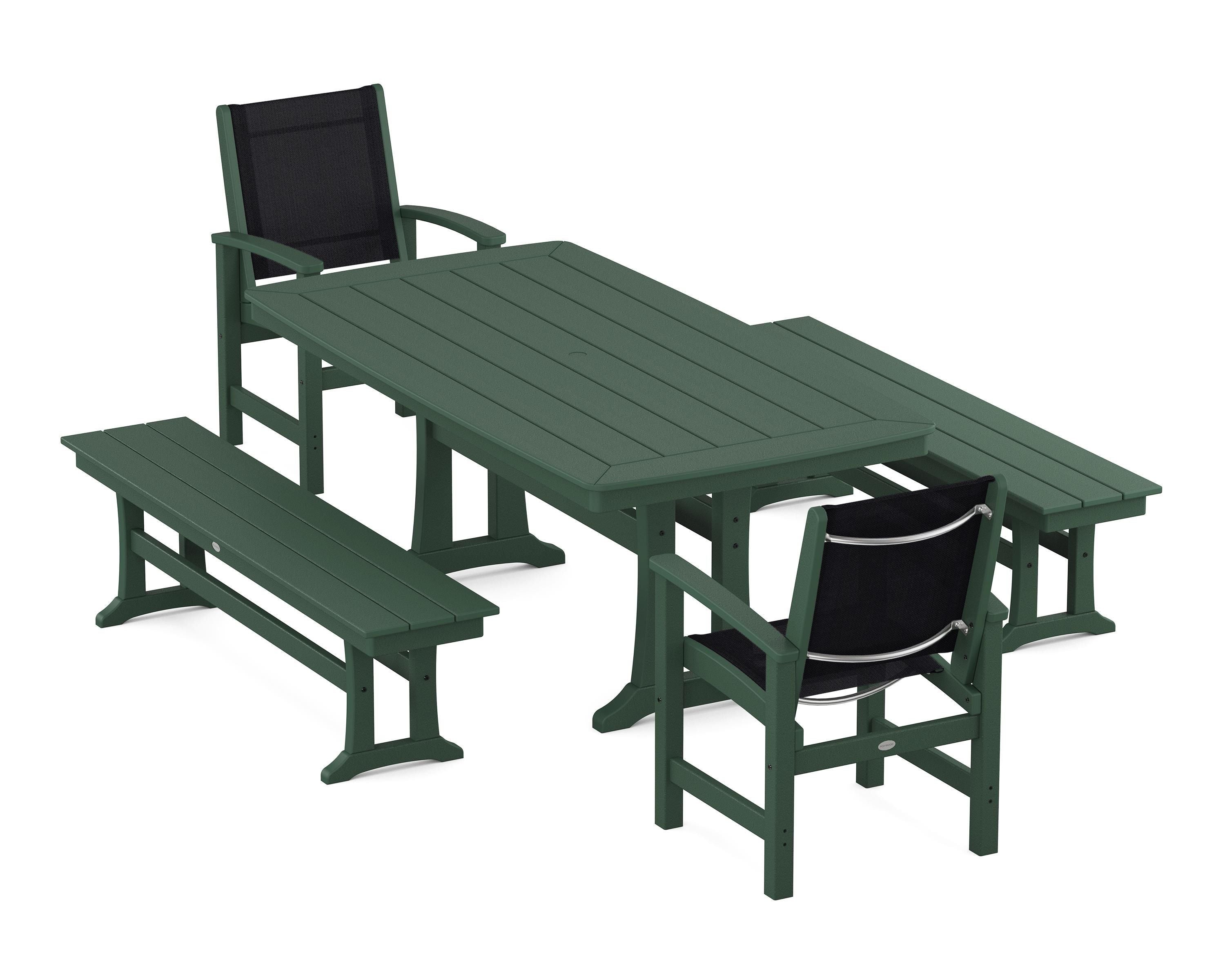 POLYWOOD Coastal 5-Piece Dining Set with Trestle Legs and Benches in Green / Black Sling
