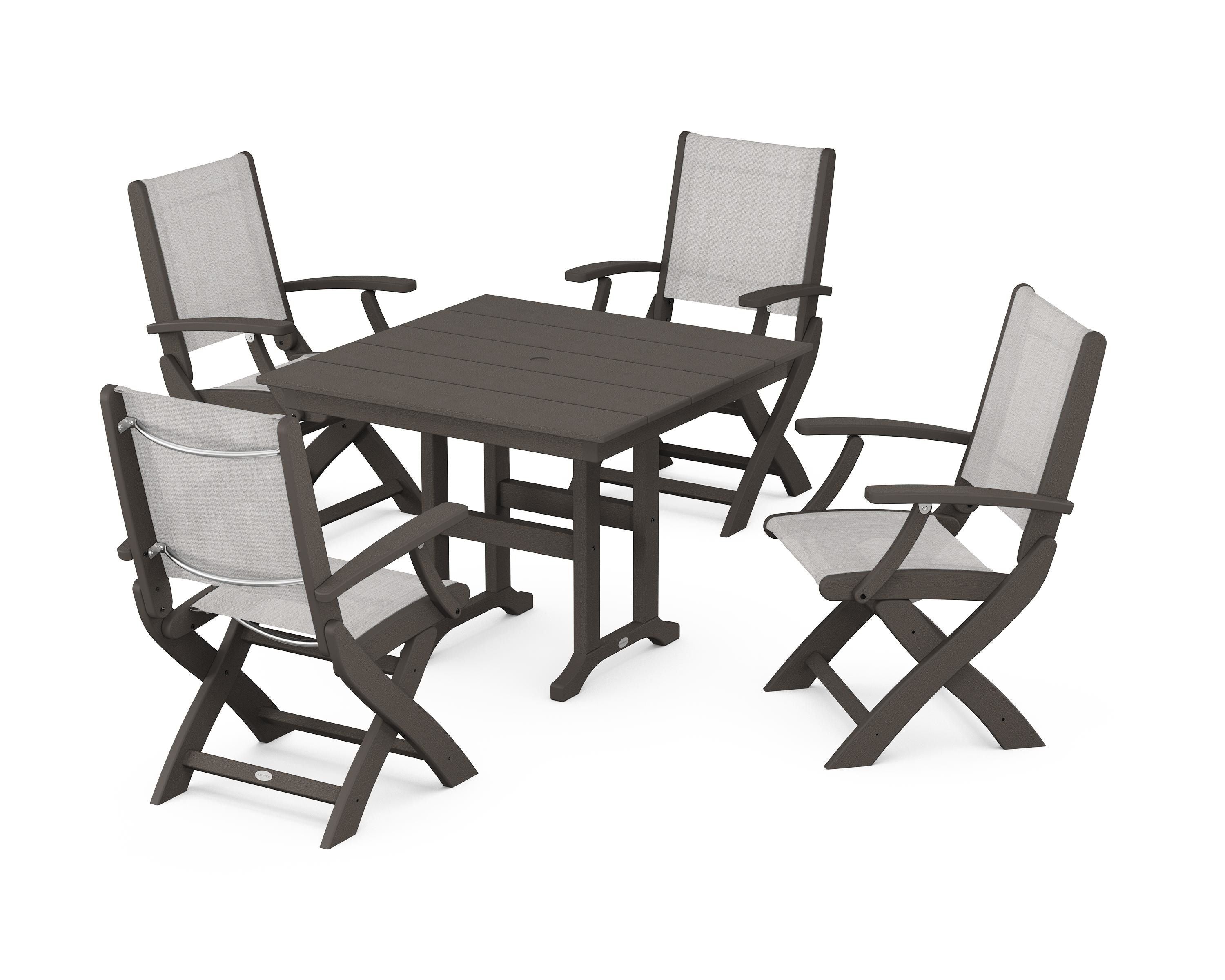 POLYWOOD Coastal Folding Chair 5-Piece Farmhouse Dining Set in Vintage Coffee / Parchment Sling