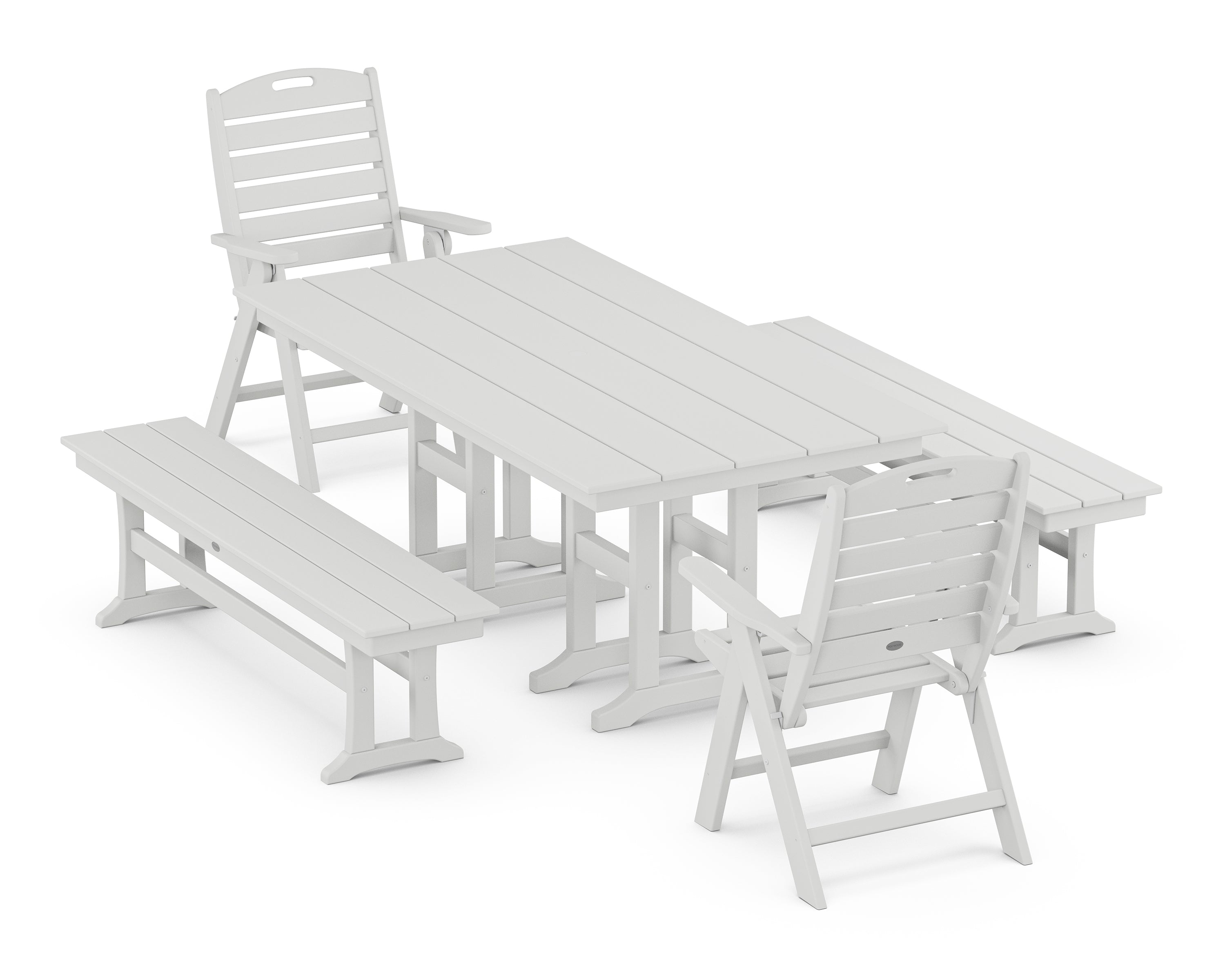 POLYWOOD Nautical Highback 5-Piece Farmhouse Dining Set with Benches in White