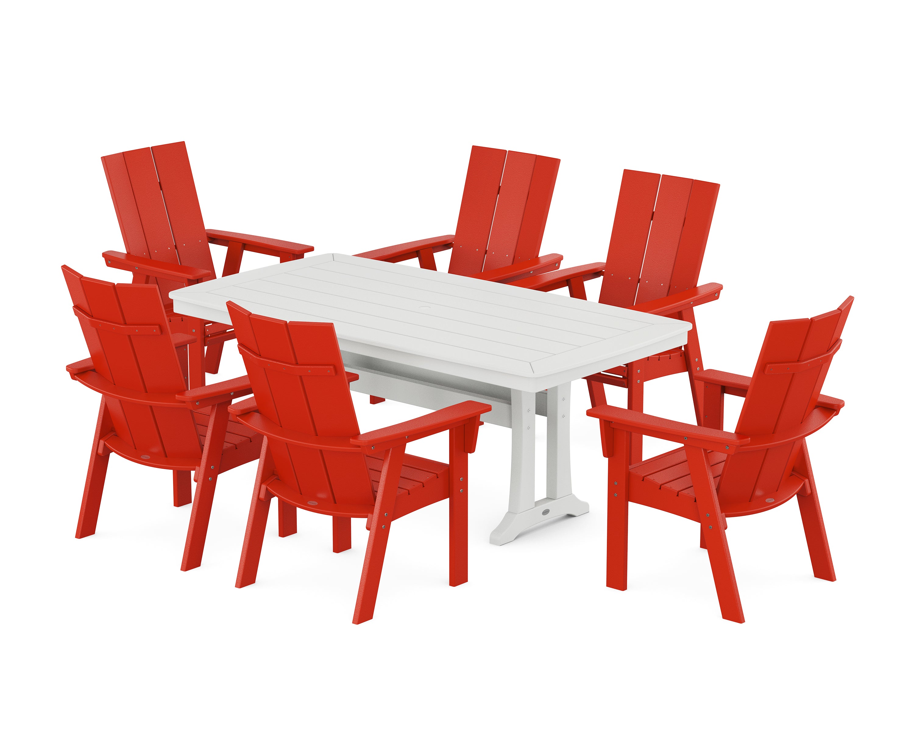 POLYWOOD Modern Curveback Adirondack 7-Piece Dining Set with Trestle Legs in Sunset Red / White