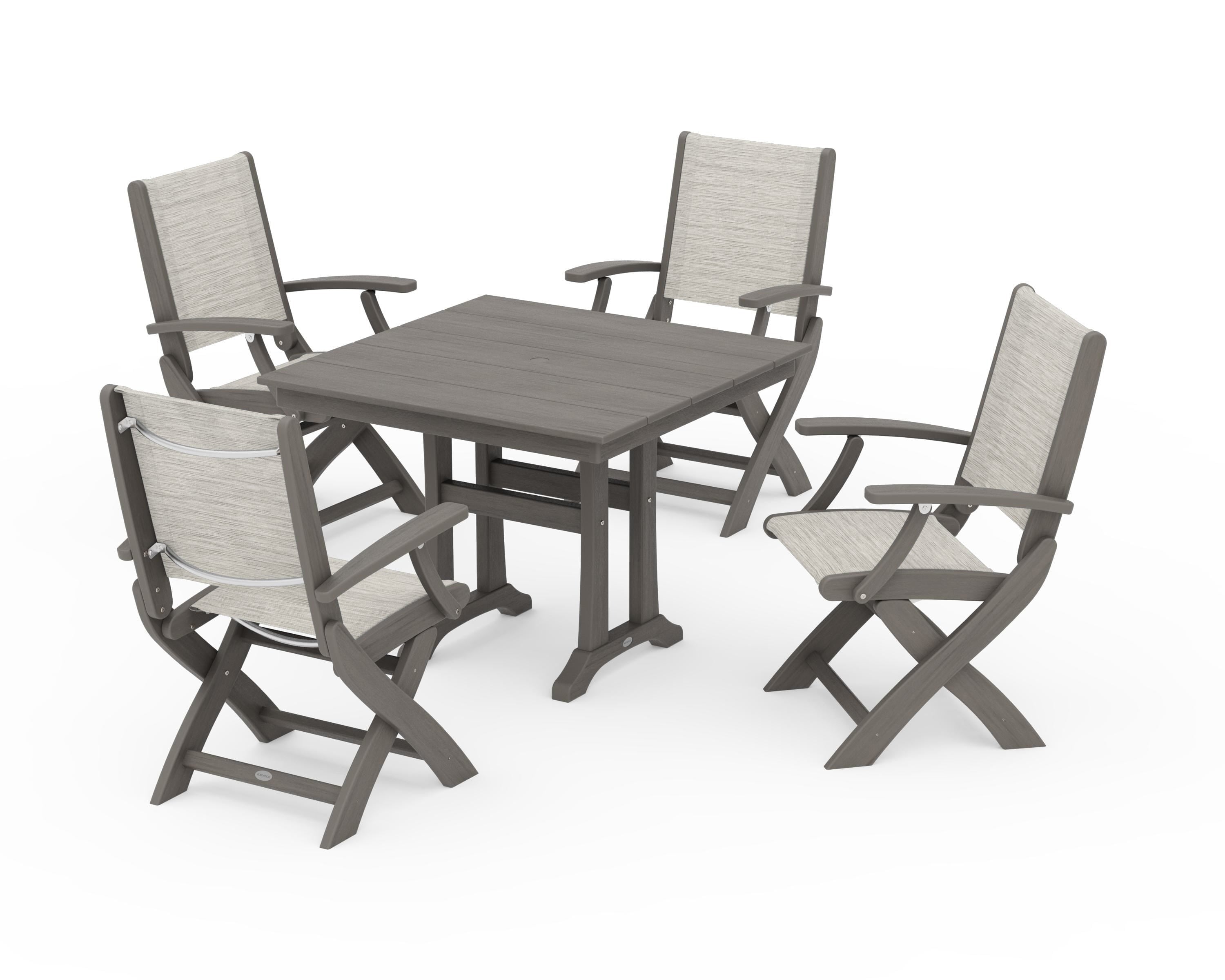 POLYWOOD Coastal Folding Chair 5-Piece Farmhouse Dining Set With Trestle Legs in Driftwood / Birch Sling
