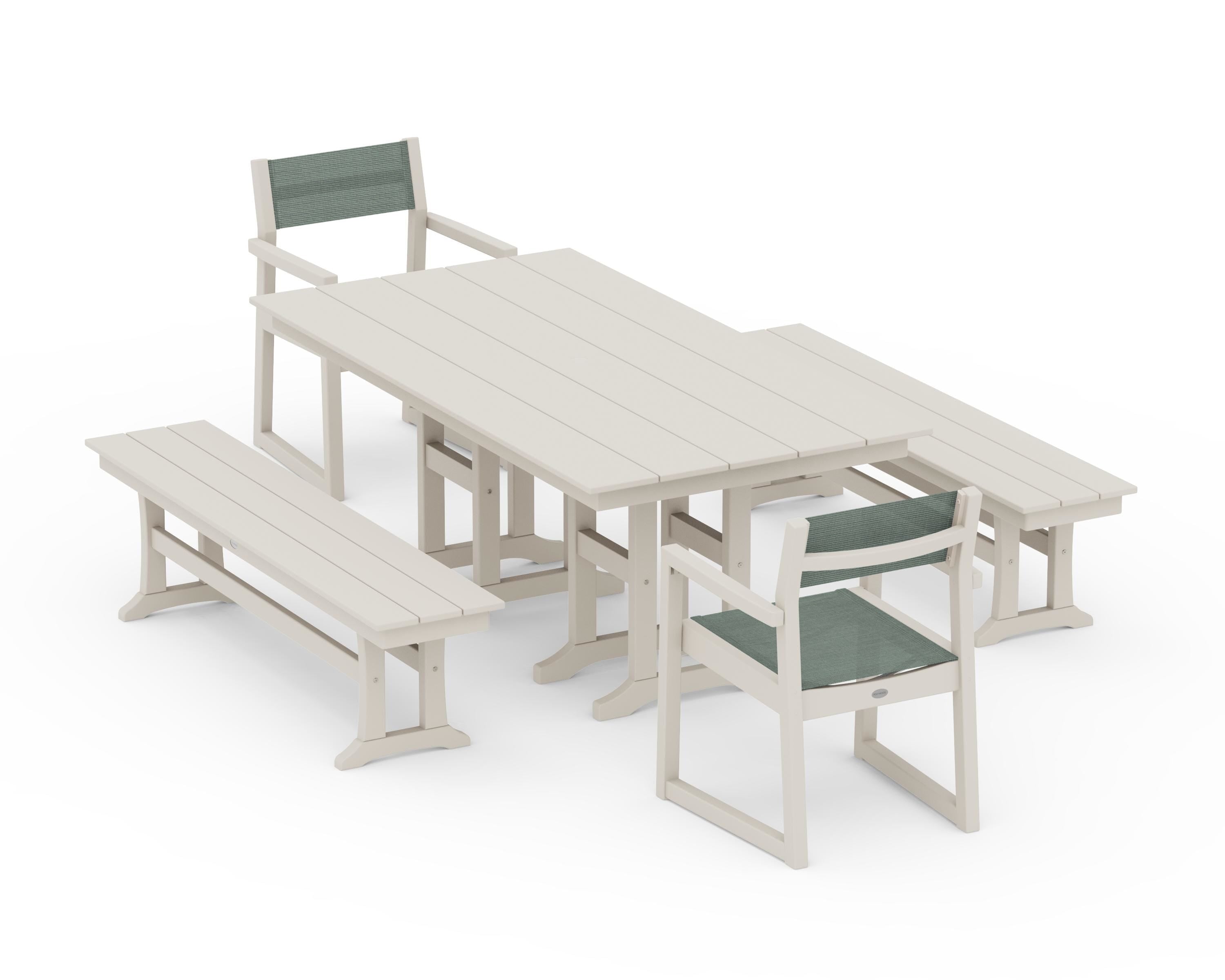 POLYWOOD EDGE Sling Arm Chair 5-Piece Farmhouse Dining Set with Benches in Sand / Dupioni Sea Mist Sling