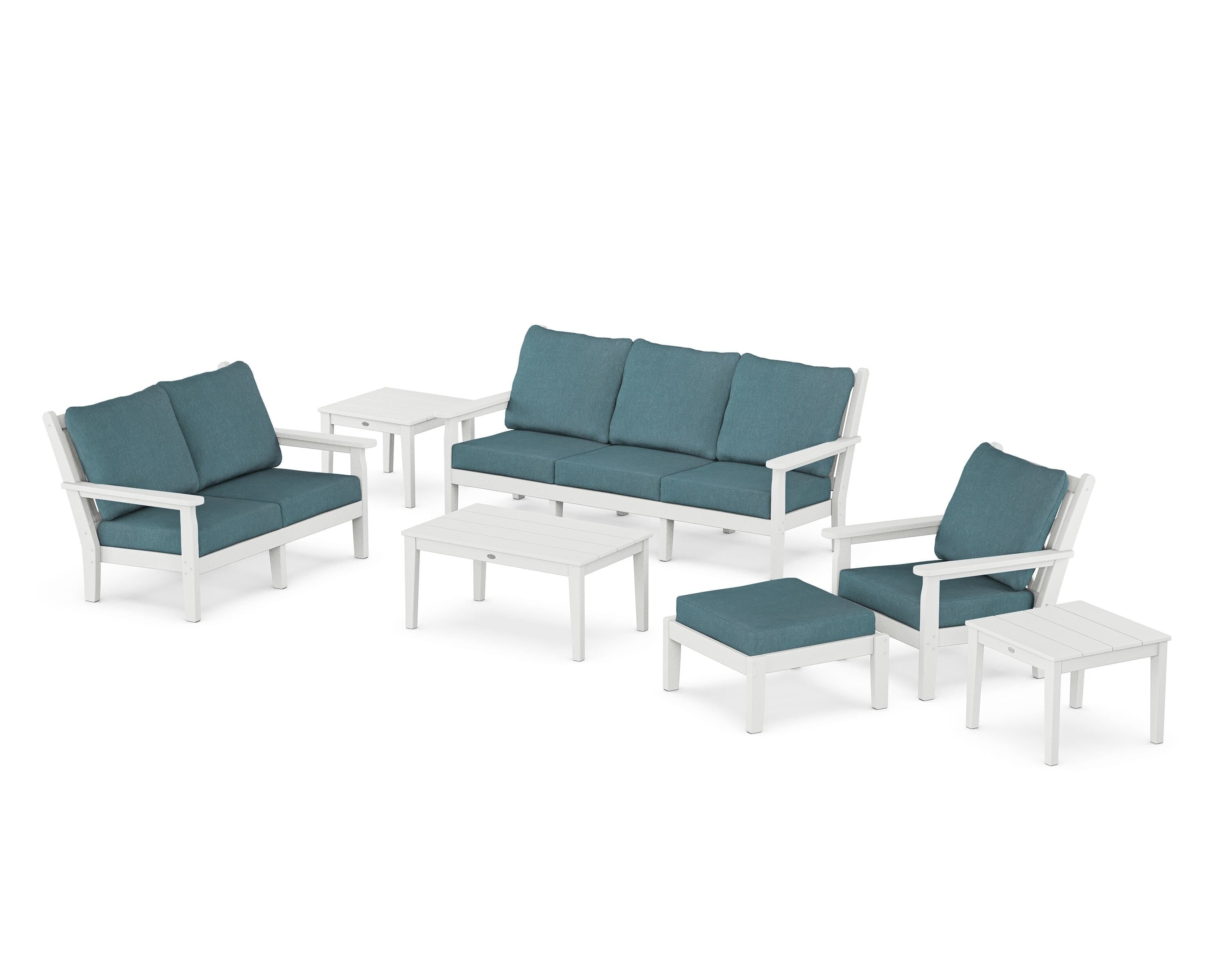 POLYWOOD Chippendale 7-Piece Deep Seating Set in White / Ocean Teal