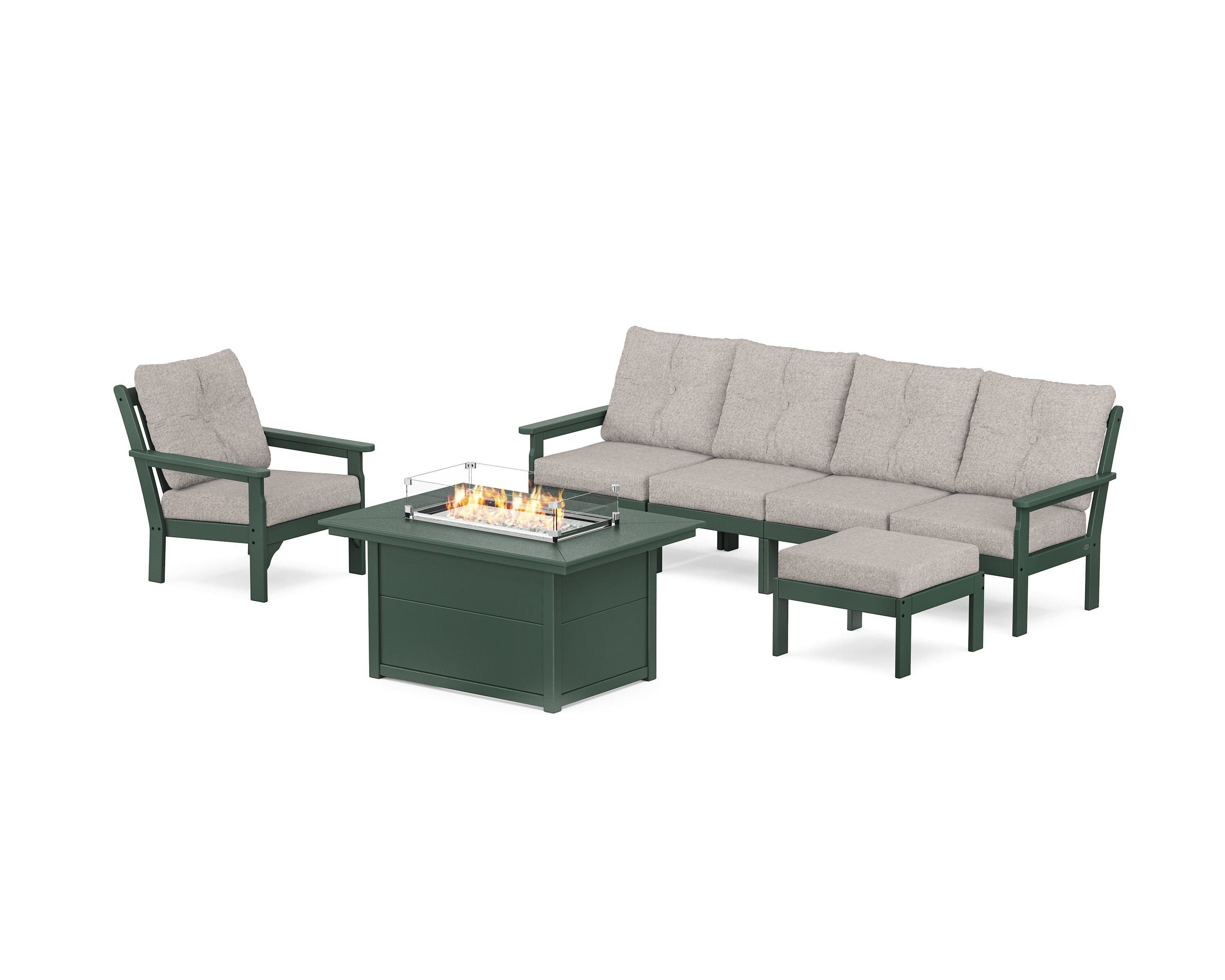 POLYWOOD Vineyard Sectional Lounge and Fire Pit Set in Green / Weathered Tweed