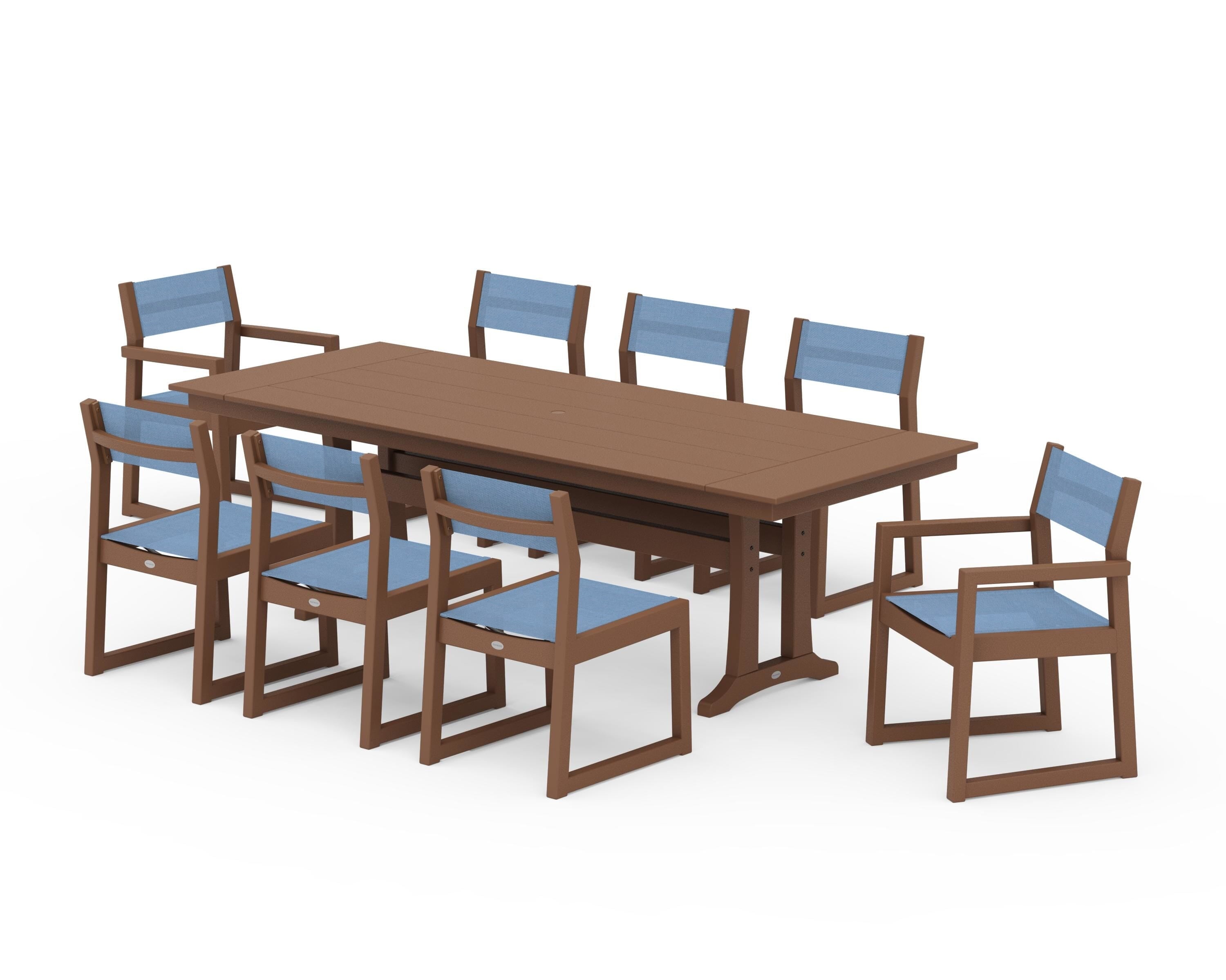 POLYWOOD EDGE Sling 9-Piece Farmhouse Trestle Dining Set in Teak / Poolside Sling