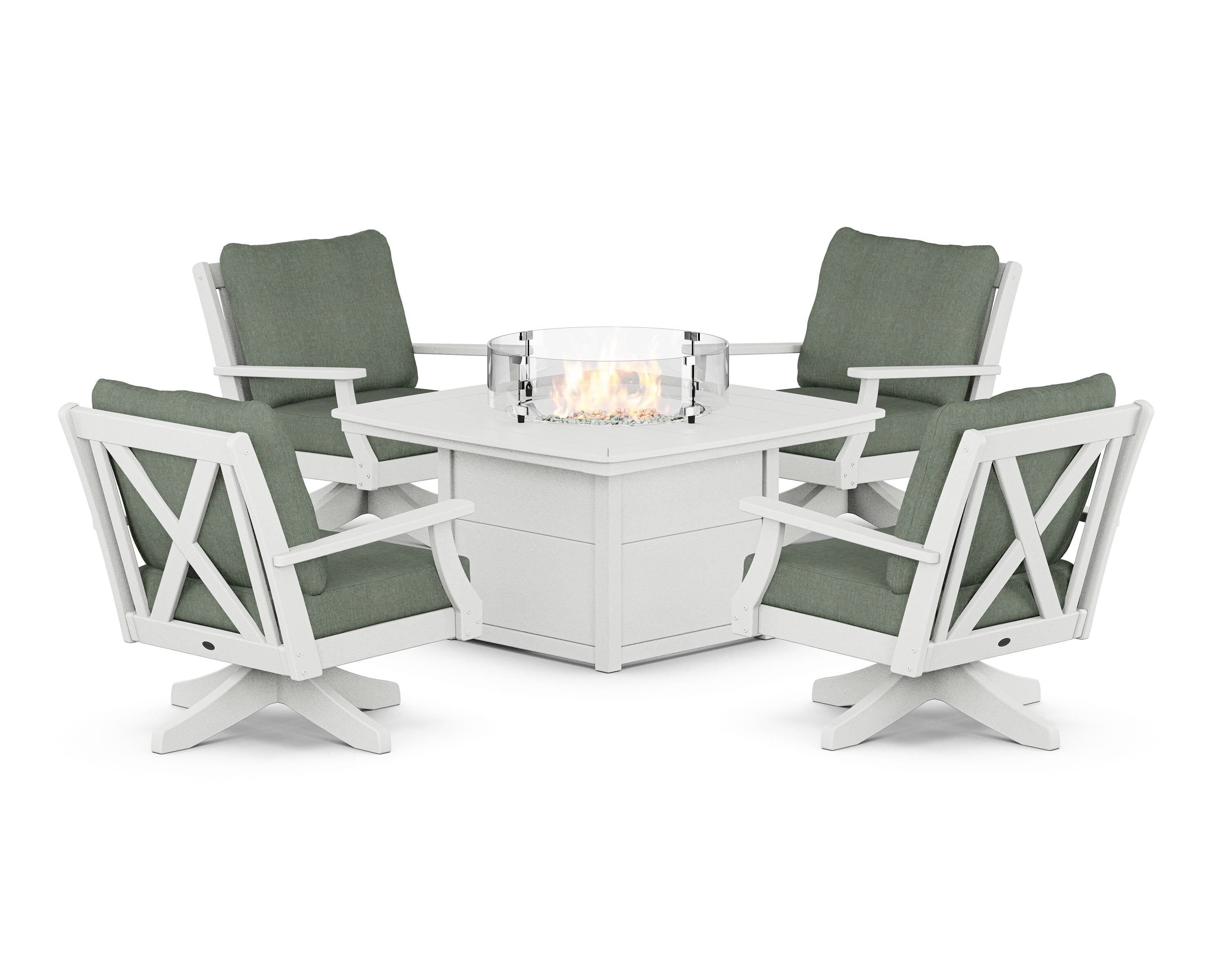 POLYWOOD Braxton 5-Piece Deep Seating Swivel Conversation Set with Fire Pit Table in Vintage White / Cast Sage