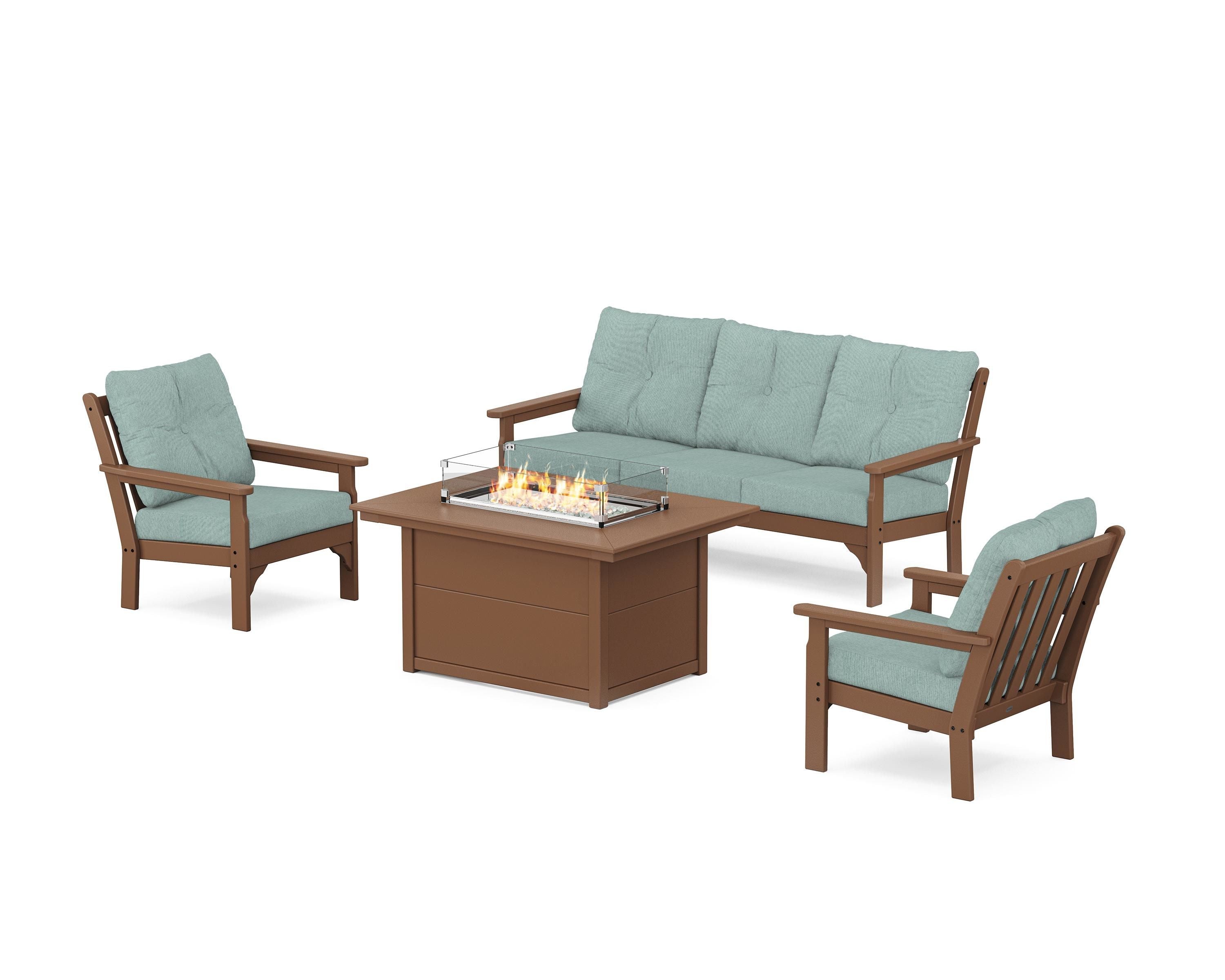POLYWOOD Vineyard Deep Seating Fire Pit Table Set in Teak / Glacier Spa