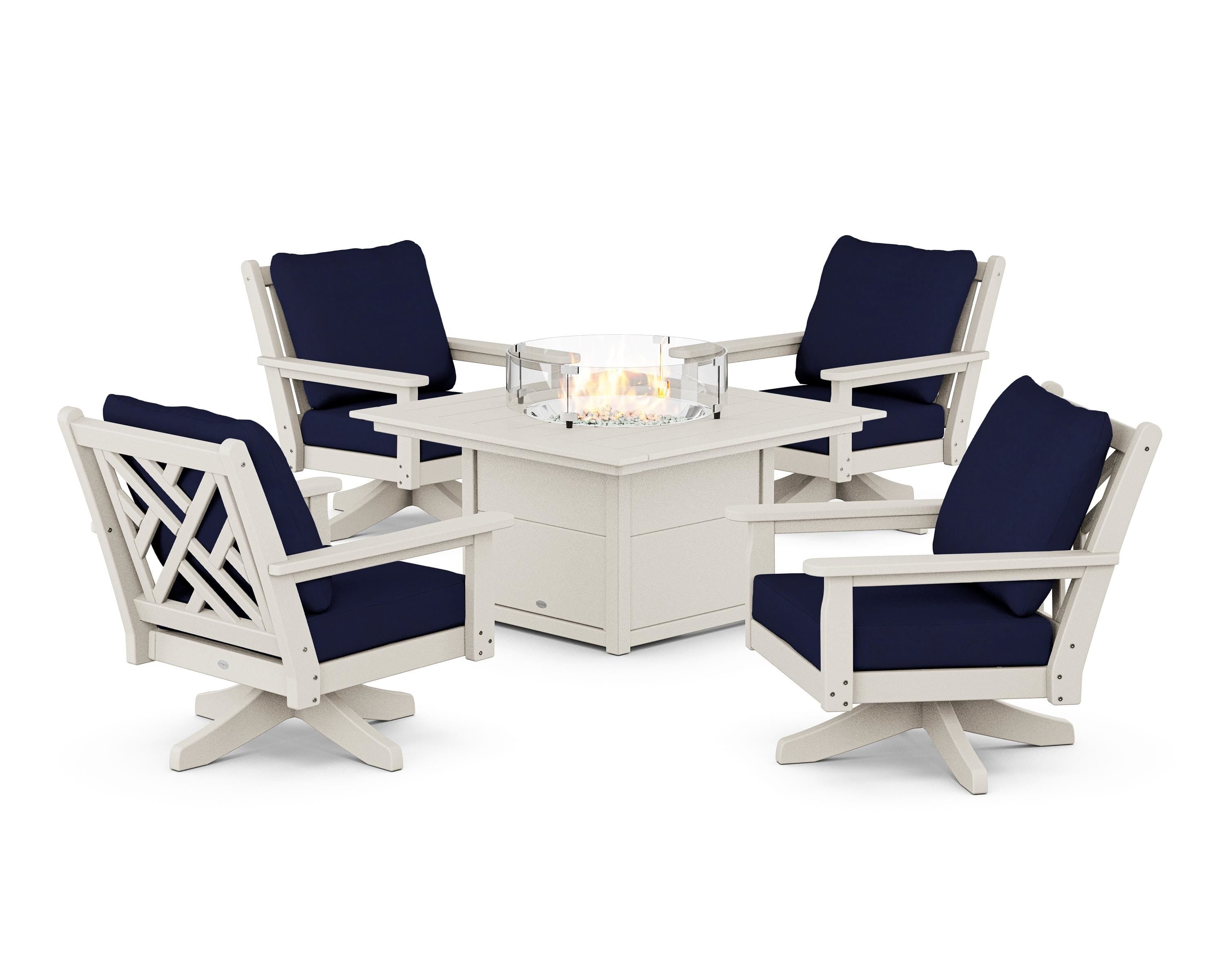 POLYWOOD Chippendale 5-Piece Deep Seating Swivel Conversation Set with Fire Pit Table in Sand / Navy