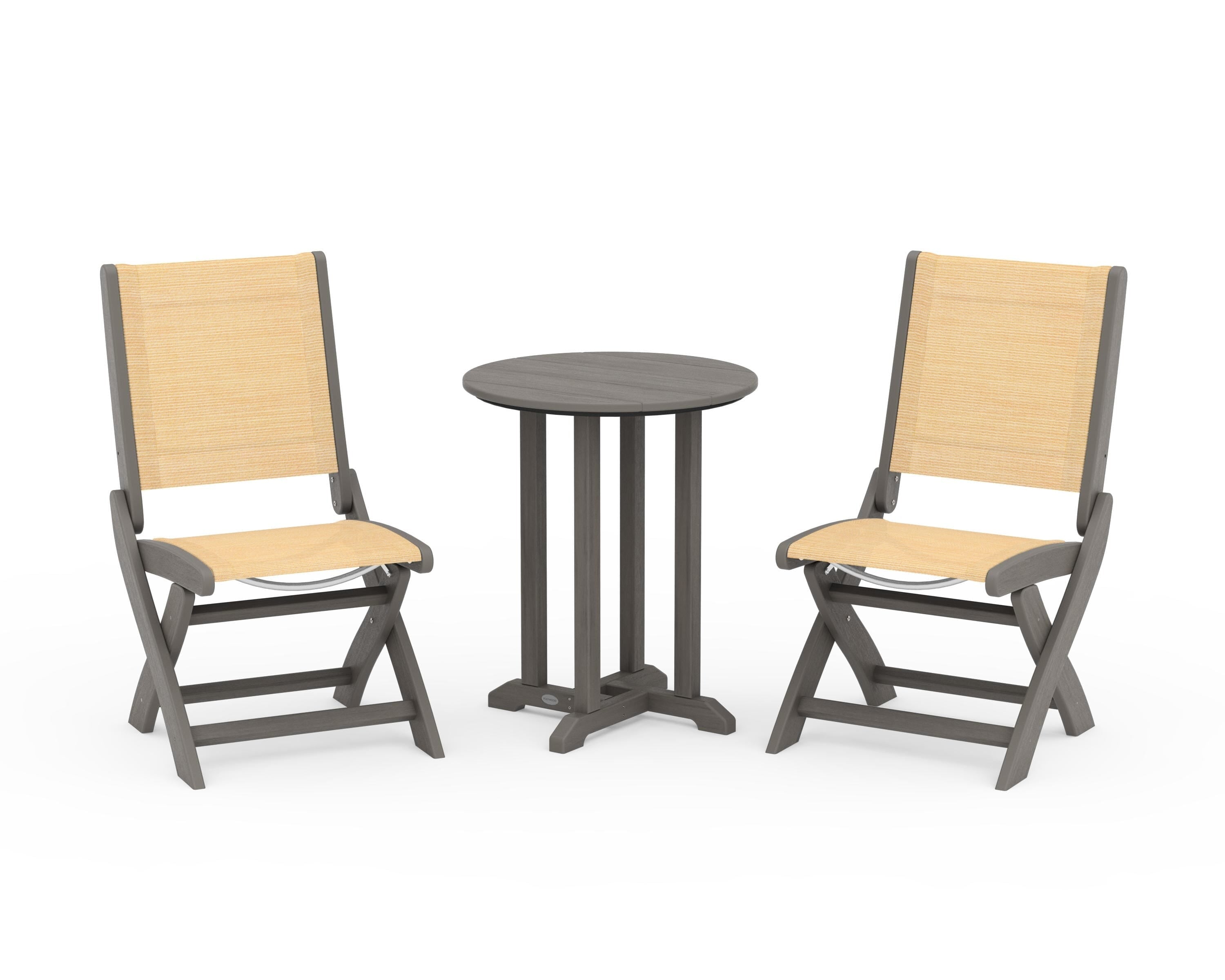 POLYWOOD Coastal Folding Side Chair 3-Piece Round Bistro Dining Set in Driftwood / Dupioni Apricot Sling
