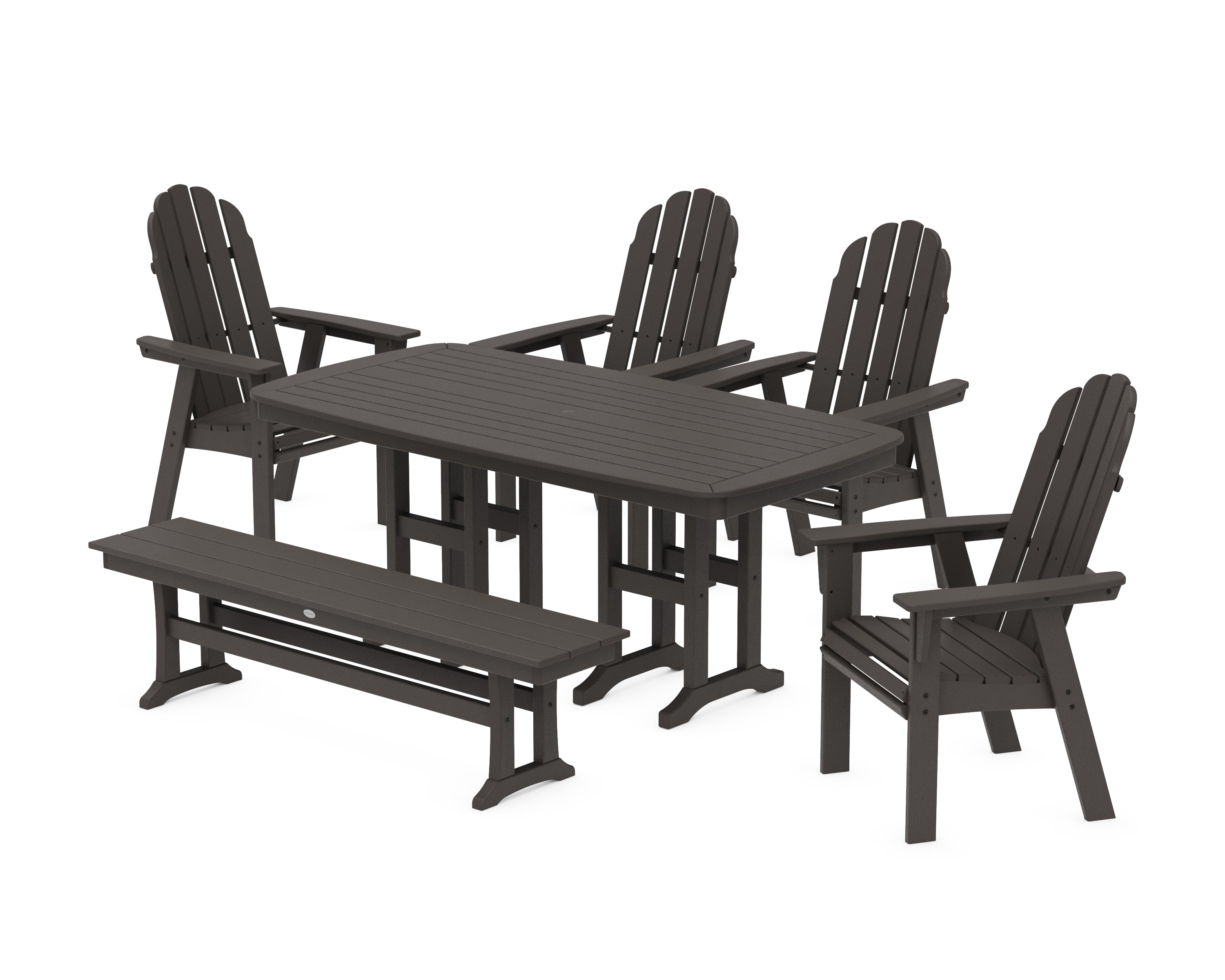 POLYWOOD Vineyard Curveback Adirondack Chair 6-Piece Dining Set with Bench in Vintage Coffee