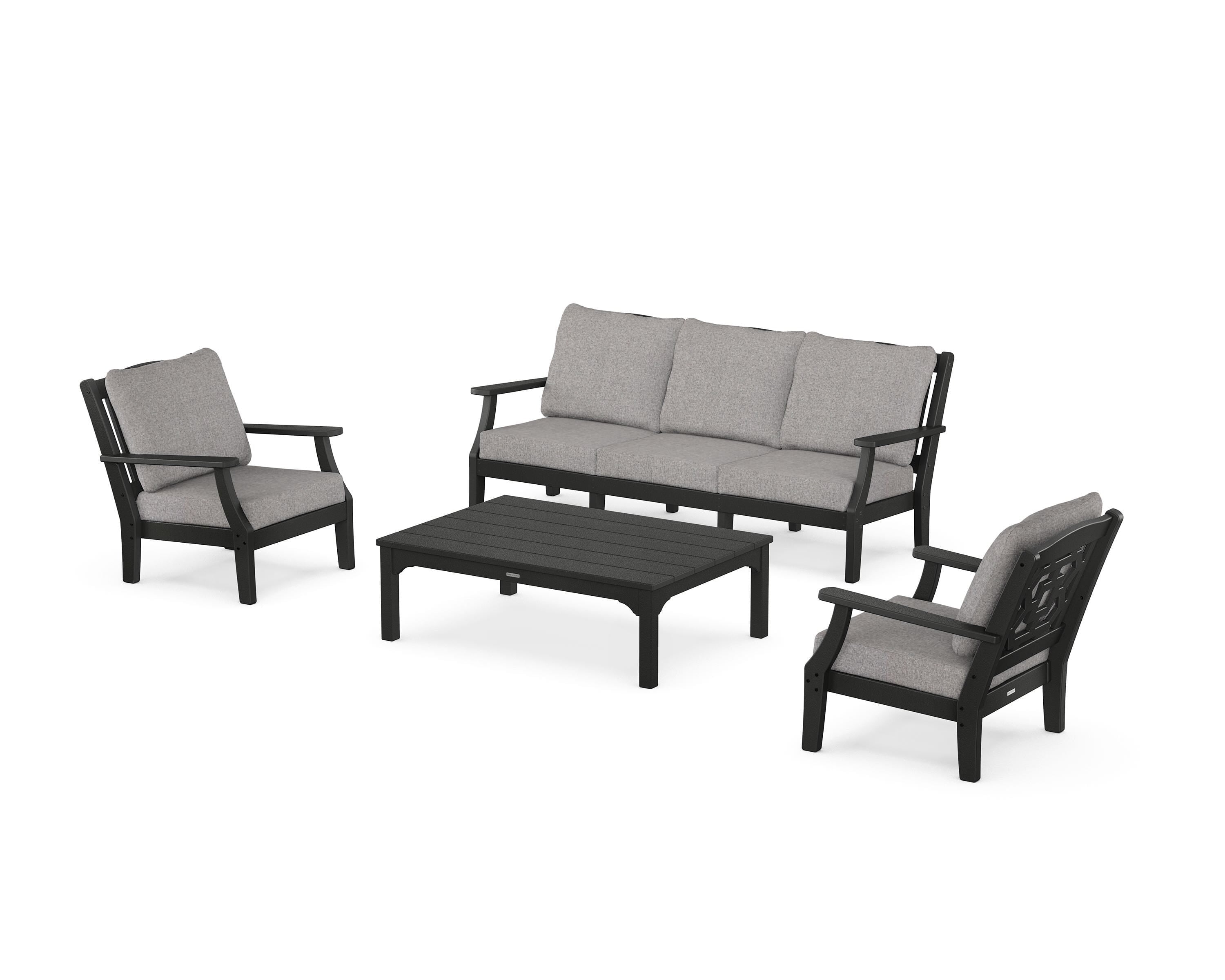Martha Stewart by POLYWOOD Chinoiserie 4-Piece Deep Seating Set with Sofa in Black / Grey Mist