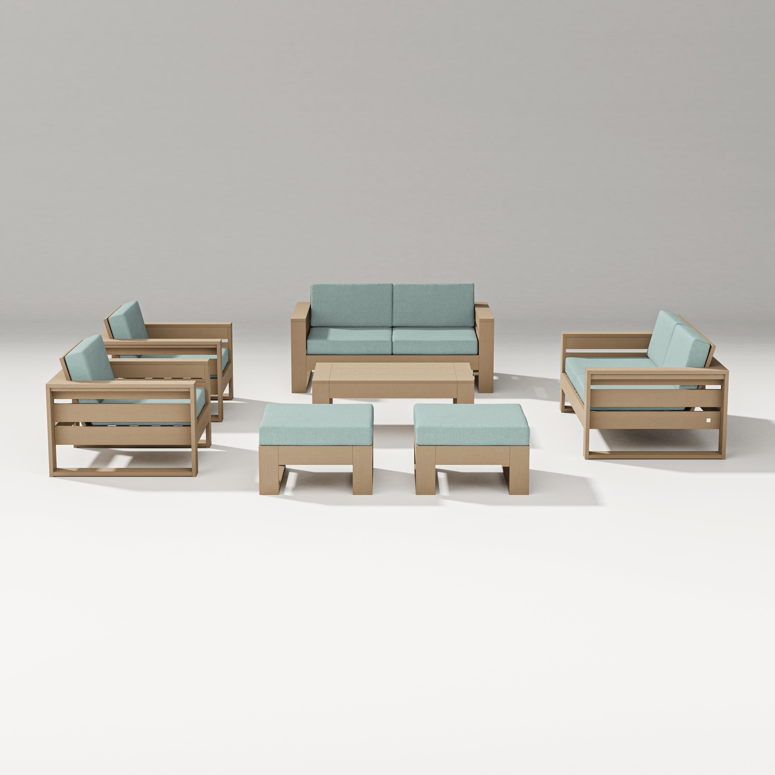 PW Designer Series Latitude 7-Piece Lounge Loveseat Set in Vintage Sahara / Glacier Spa