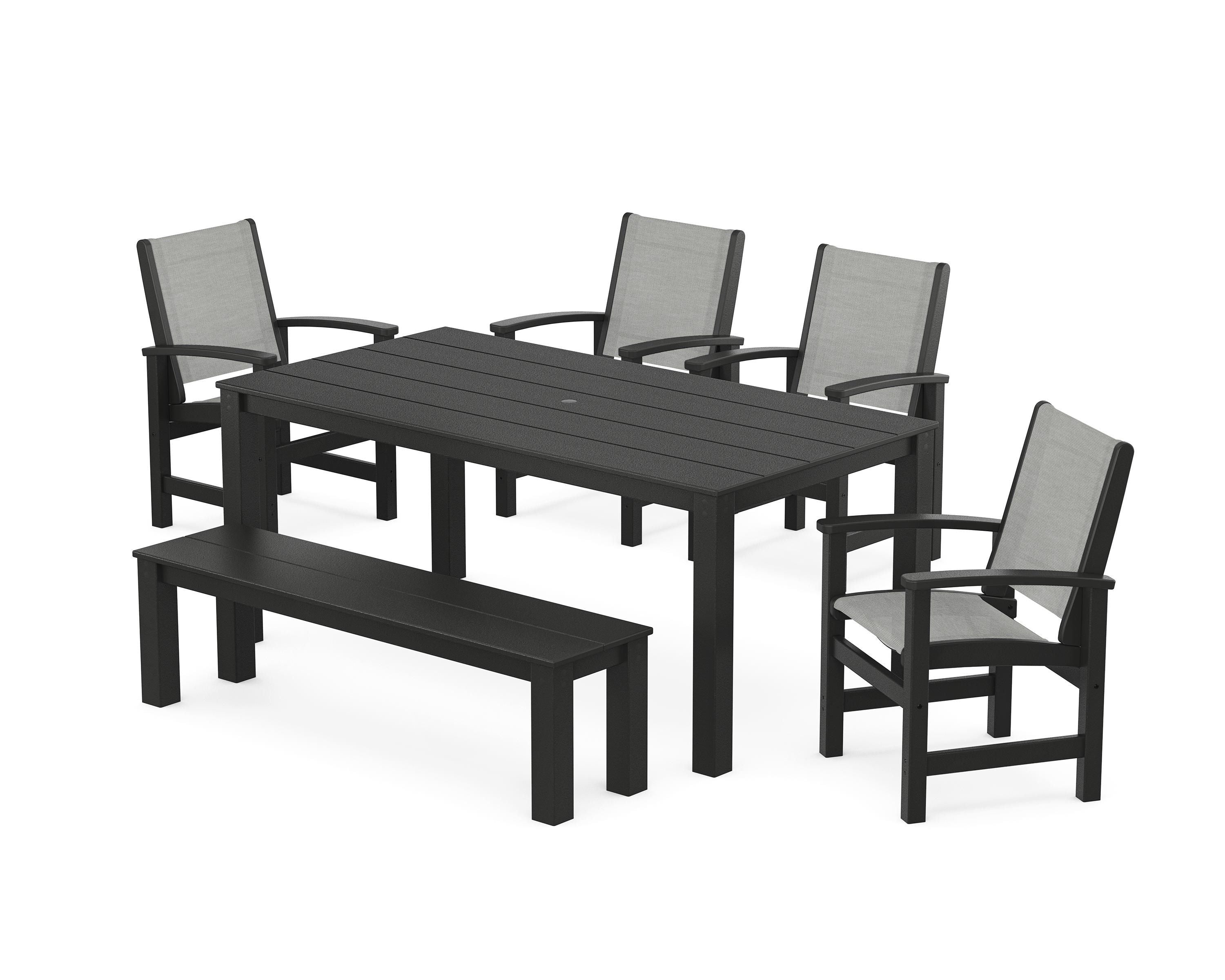 POLYWOOD Coastal 6-Piece Parsons Dining Set with Bench in Black / Metallic Sling