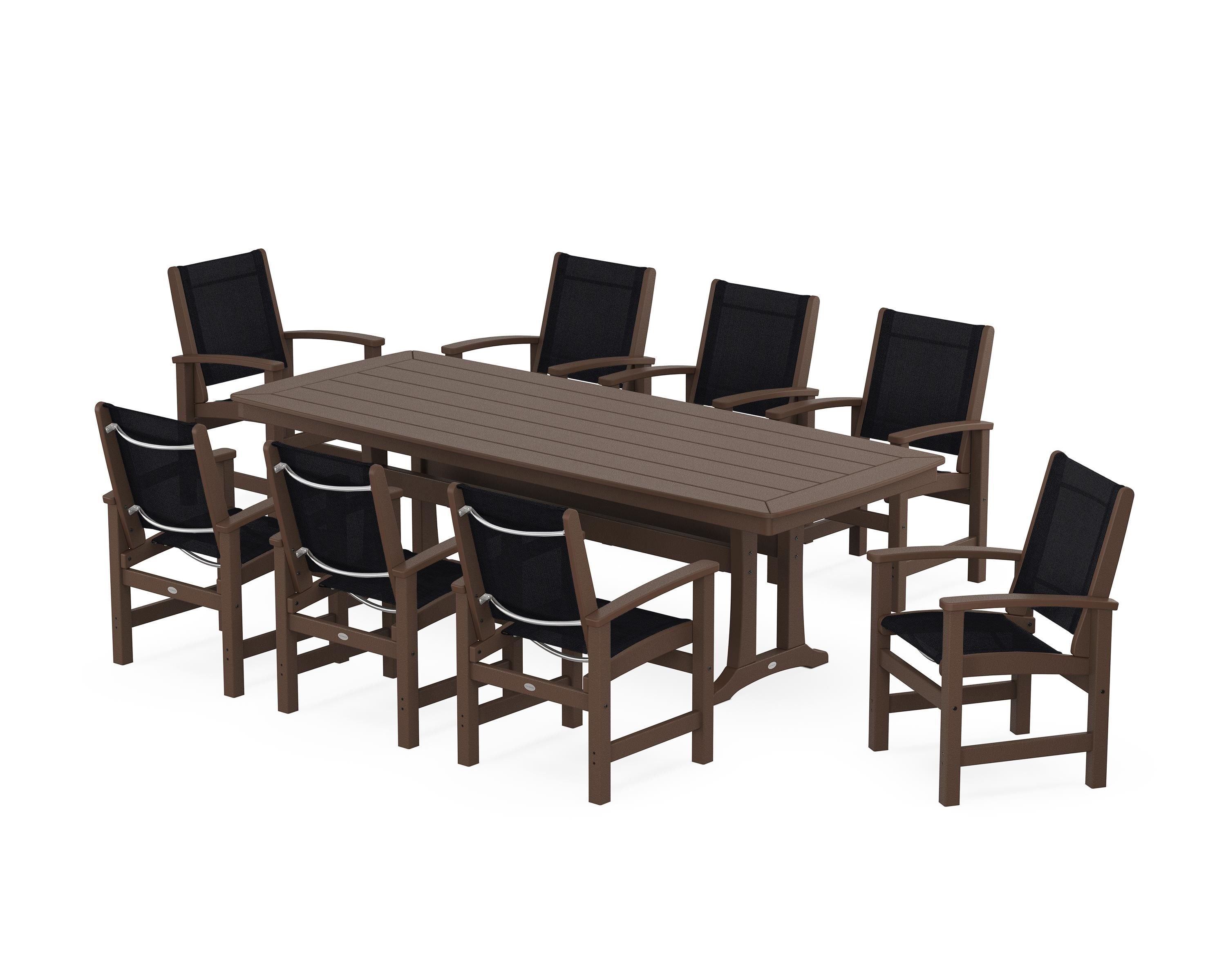 POLYWOOD Coastal 9-Piece Dining Set with Trestle Legs in Mahogany / Black Sling
