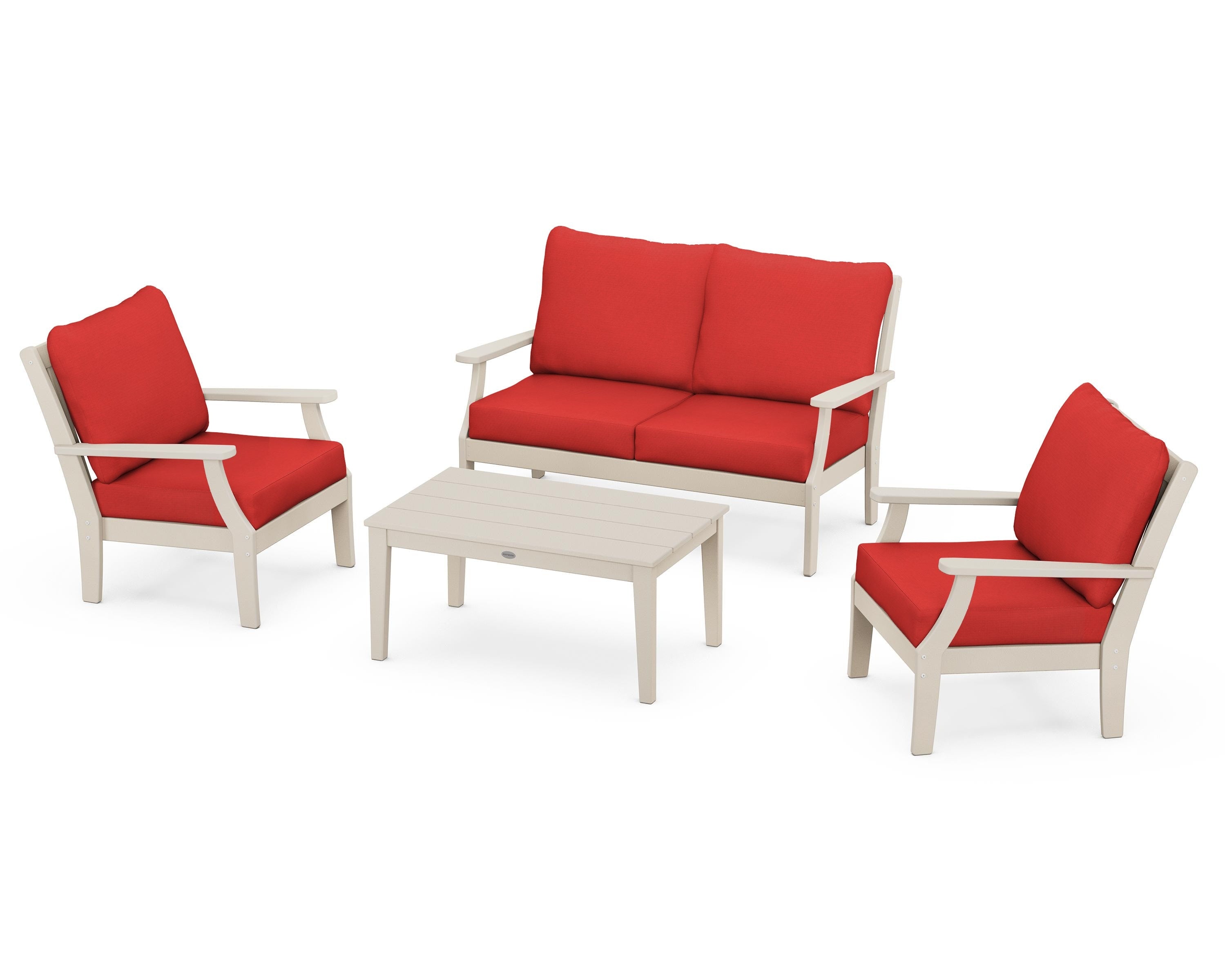 POLYWOOD Braxton 4-Piece Deep Seating Chair Set in Sand / Crimson Linen