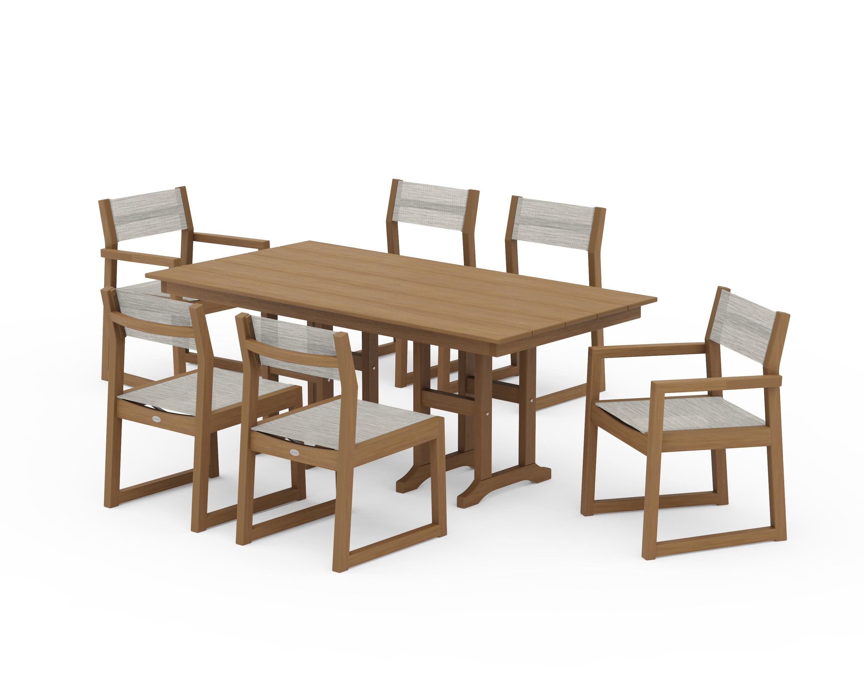 POLYWOOD EDGE Sling 7-Piece Farmhouse Dining Set in Natural / Birch Sling