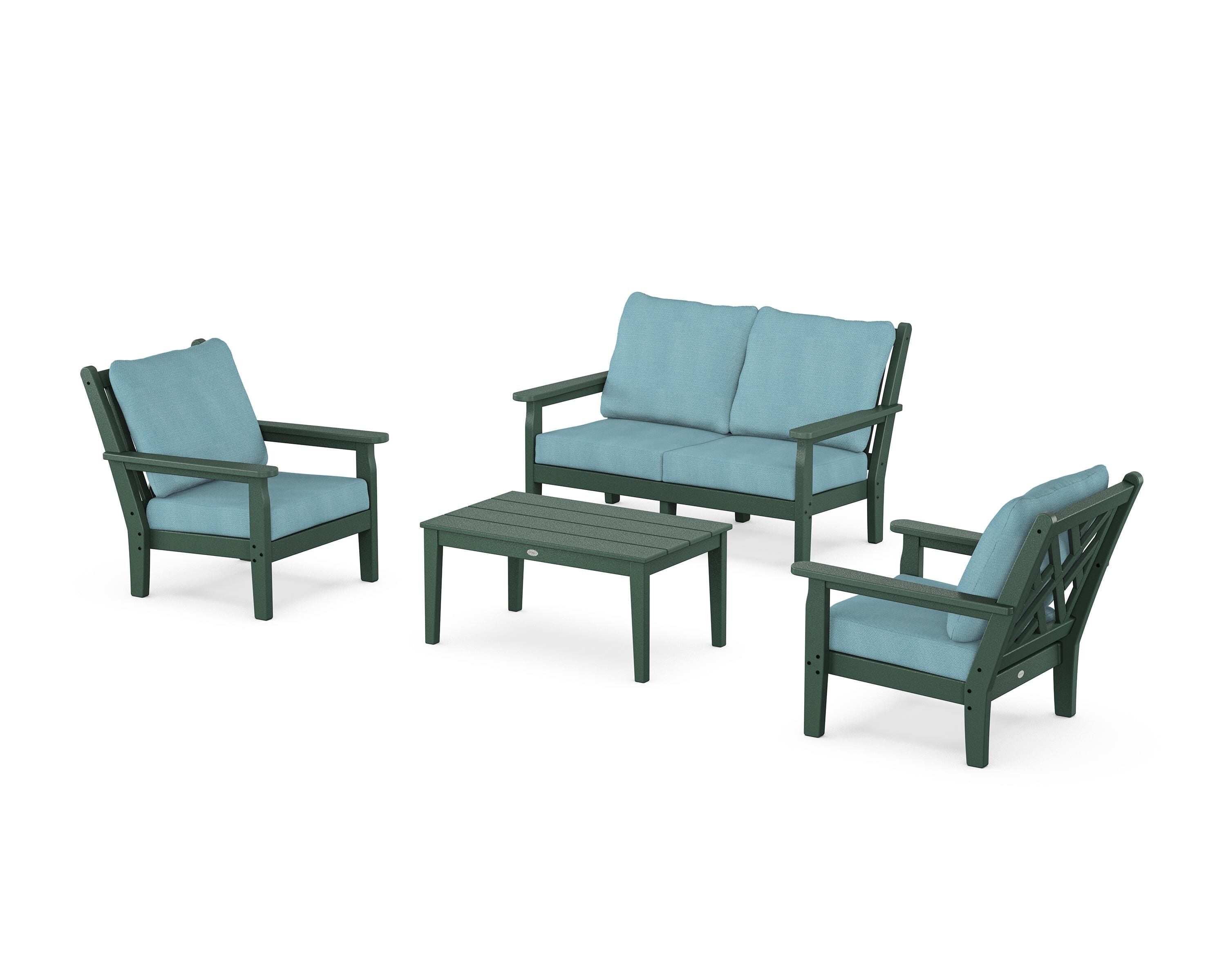 POLYWOOD Chippendale 4-Piece Deep Seating Set with Loveseat in Green / Lattice Sky Blue
