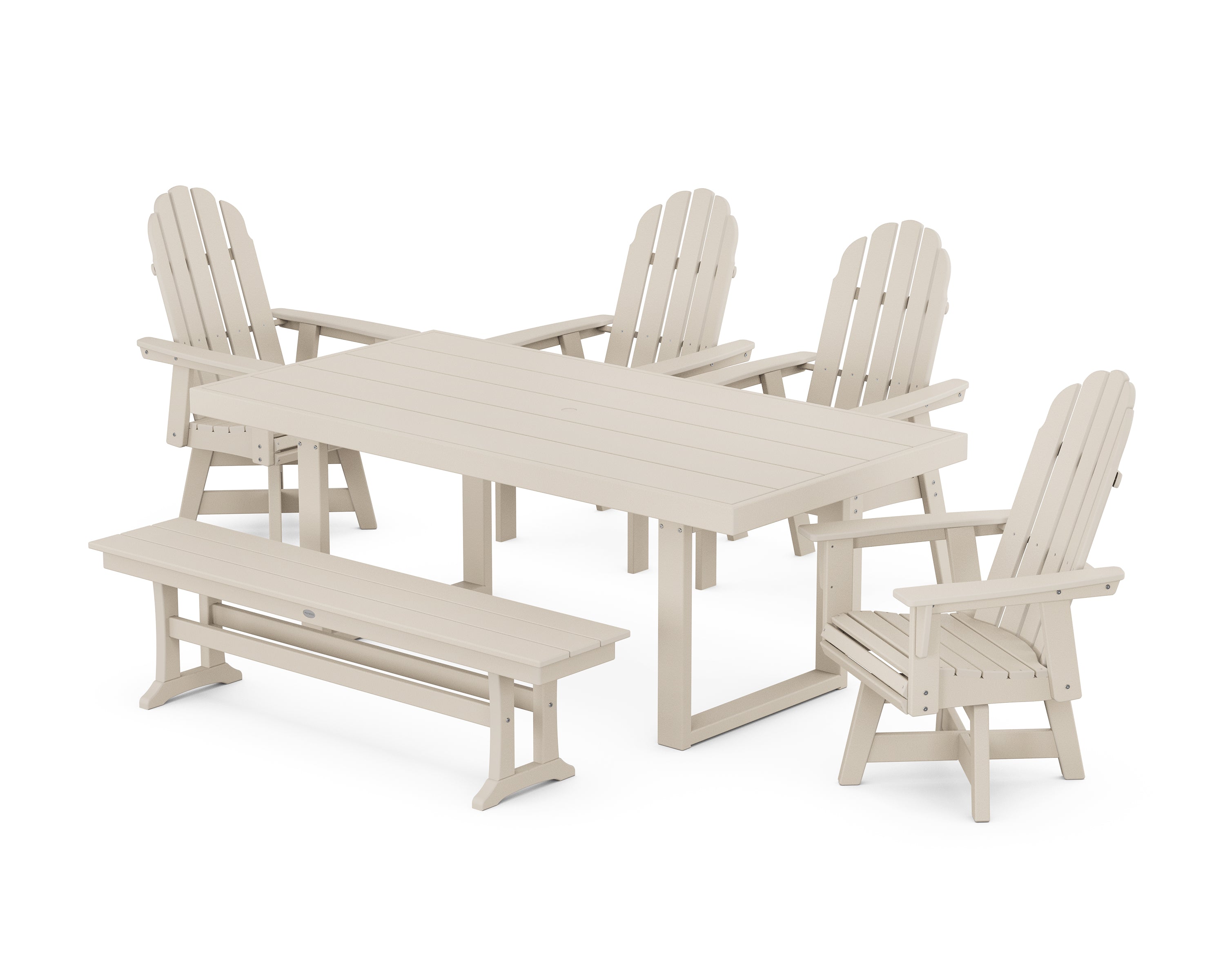 POLYWOOD® Vineyard Curveback Adirondack Swivel Chair 6-Piece Dining Set with Bench in Sand