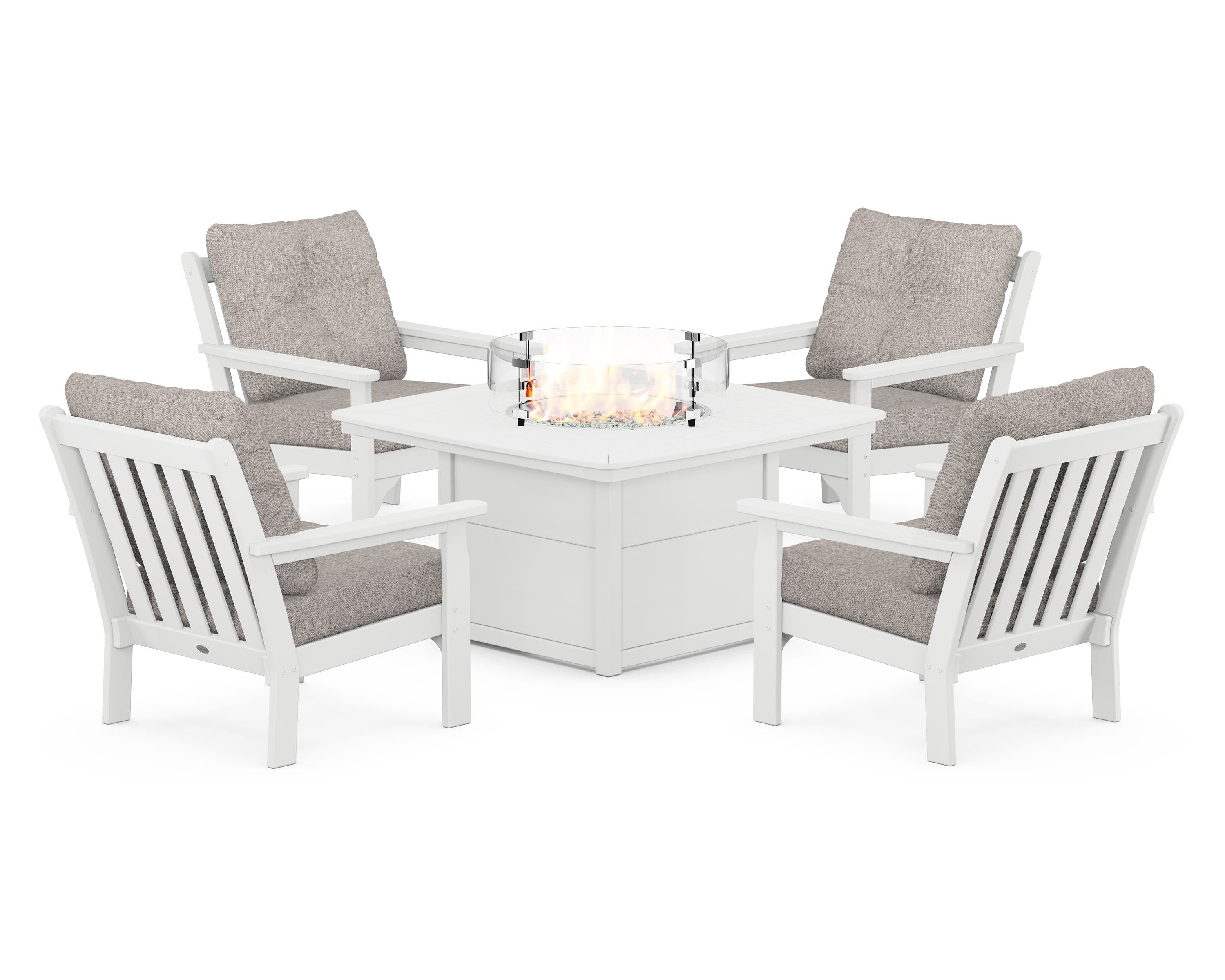 POLYWOOD Vineyard 5-Piece Conversation Set with Fire Pit Table in White / Weathered Tweed