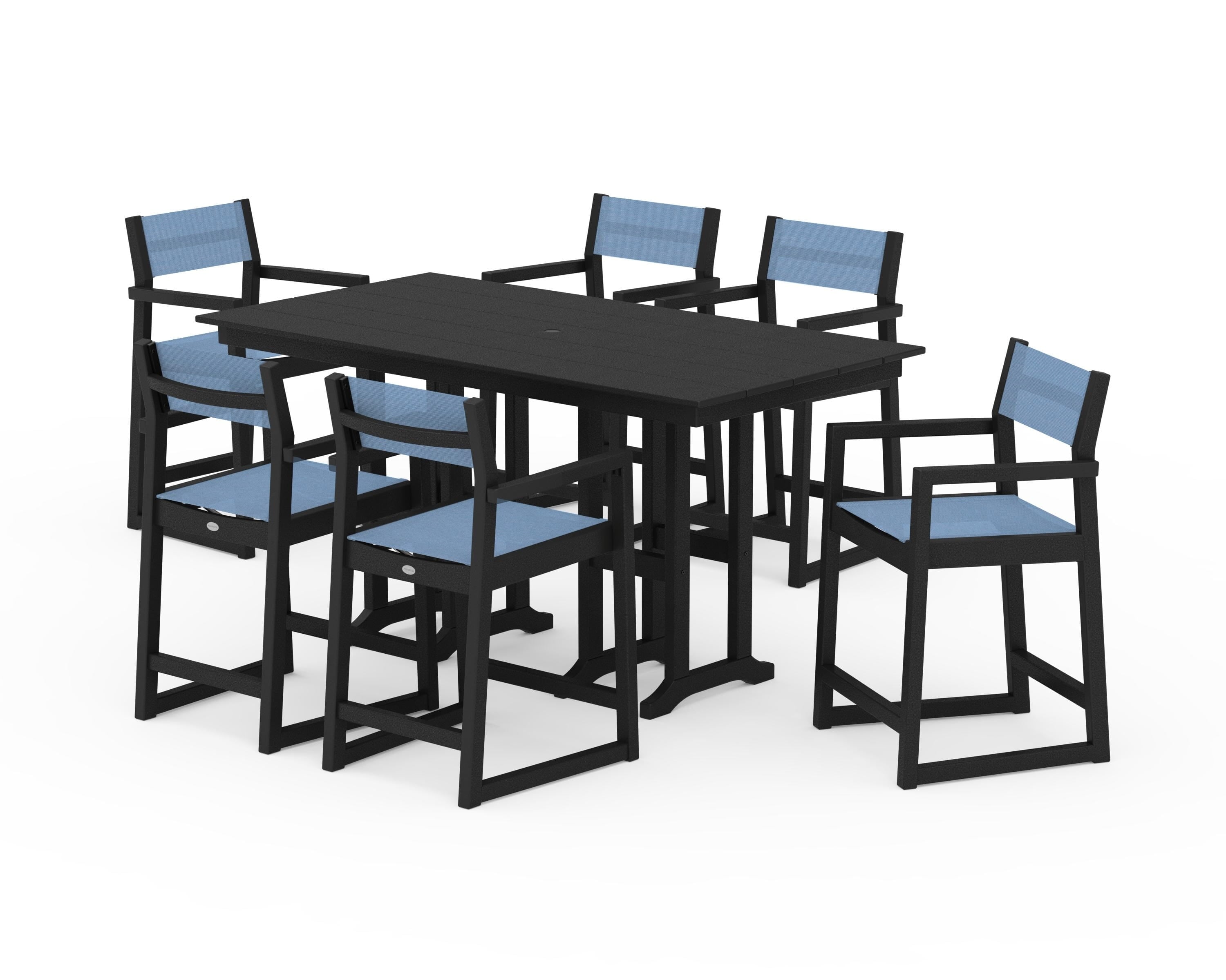 POLYWOOD EDGE Sling Arm Chair 7-Piece Farmhouse Counter Set in Black / Poolside Sling