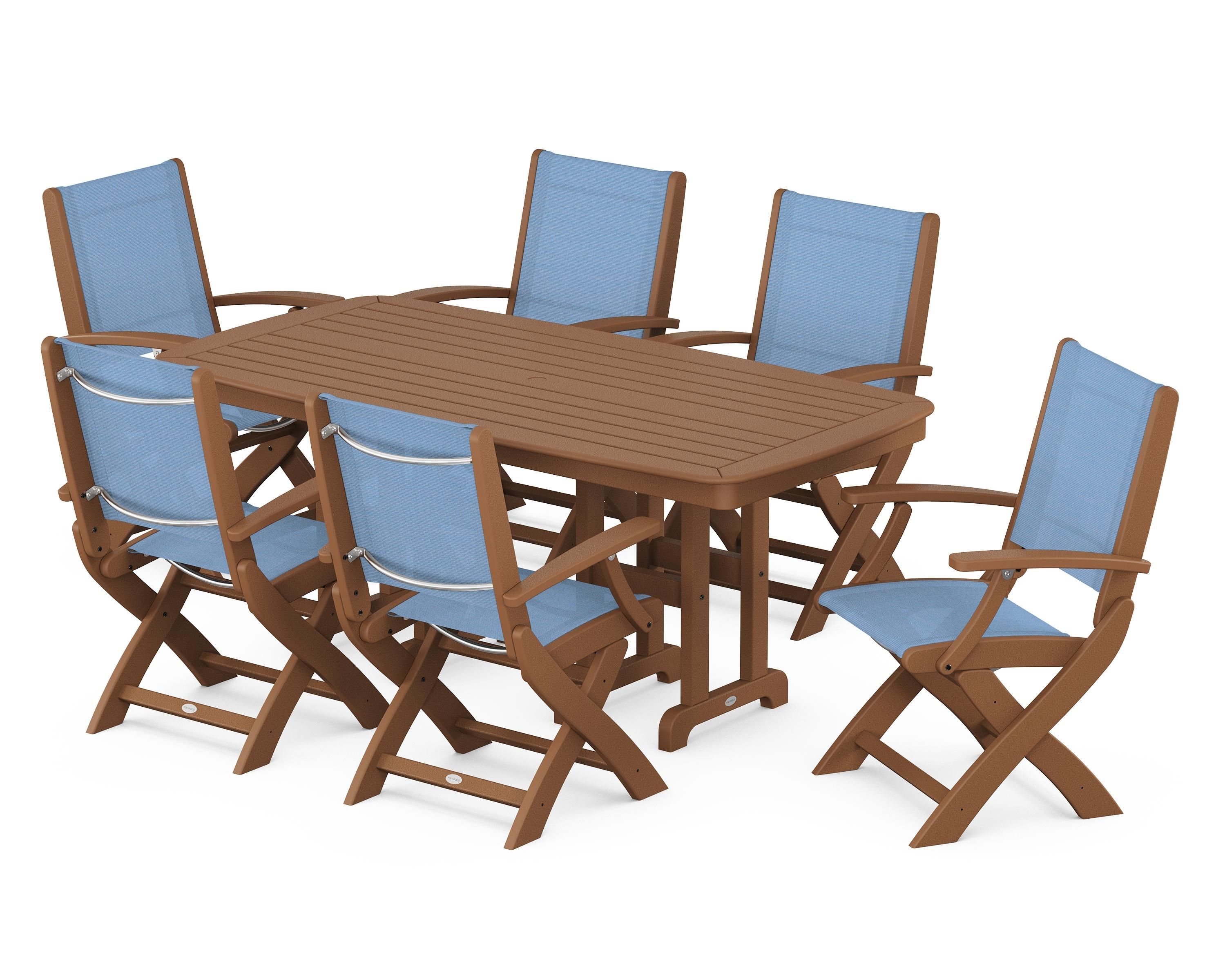 POLYWOOD Coastal Folding Arm Chair 7-Piece Dining Set in Teak / Poolside Sling