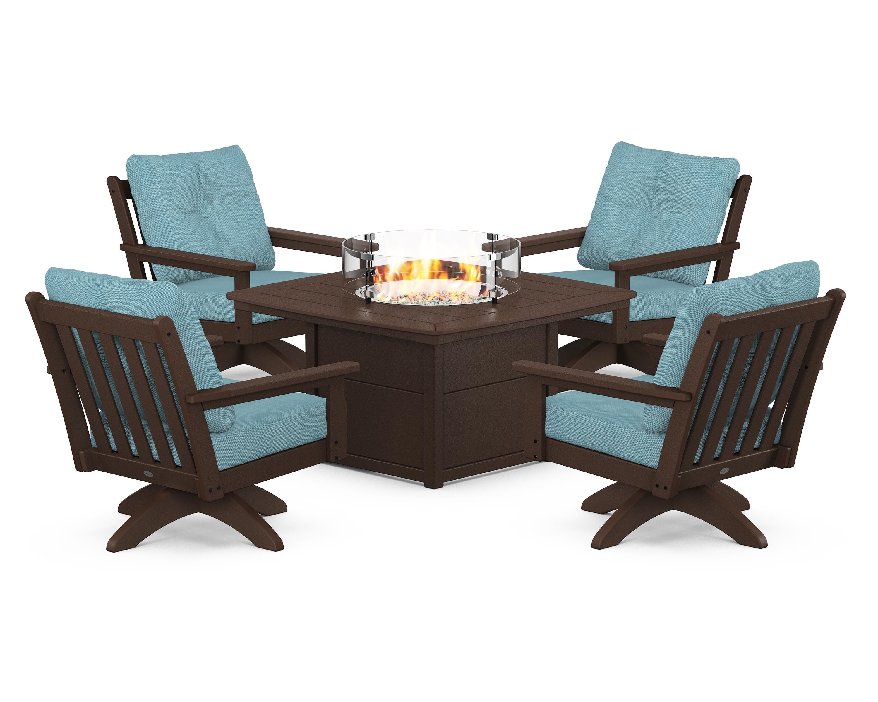 POLYWOOD Vineyard 5-Piece Deep Seating Swivel Conversation Set with Fire Pit Table in Mahogany / Lattice Sky Blue