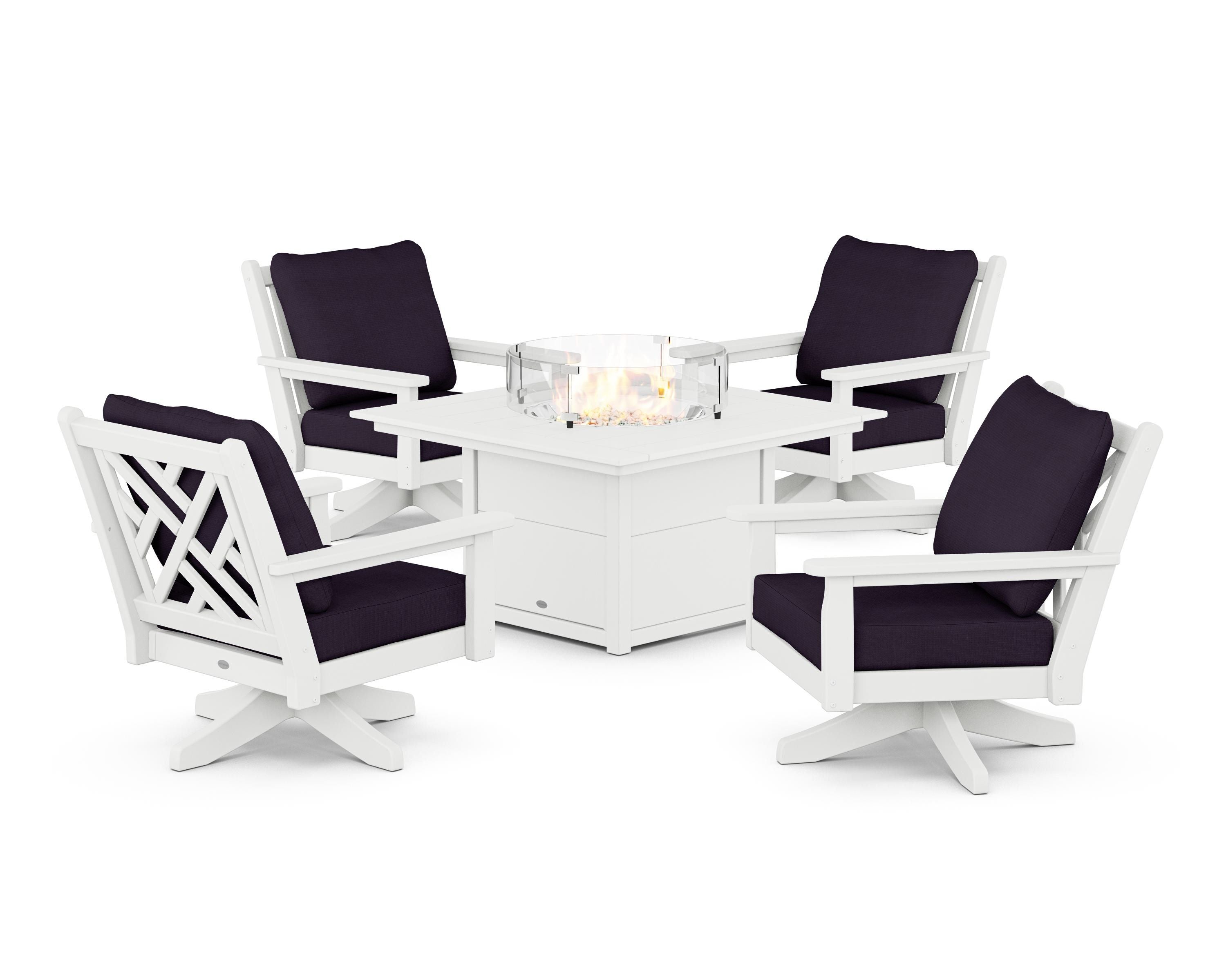 POLYWOOD Chippendale 5-Piece Deep Seating Swivel Conversation Set with Fire Pit Table in White / Navy Linen