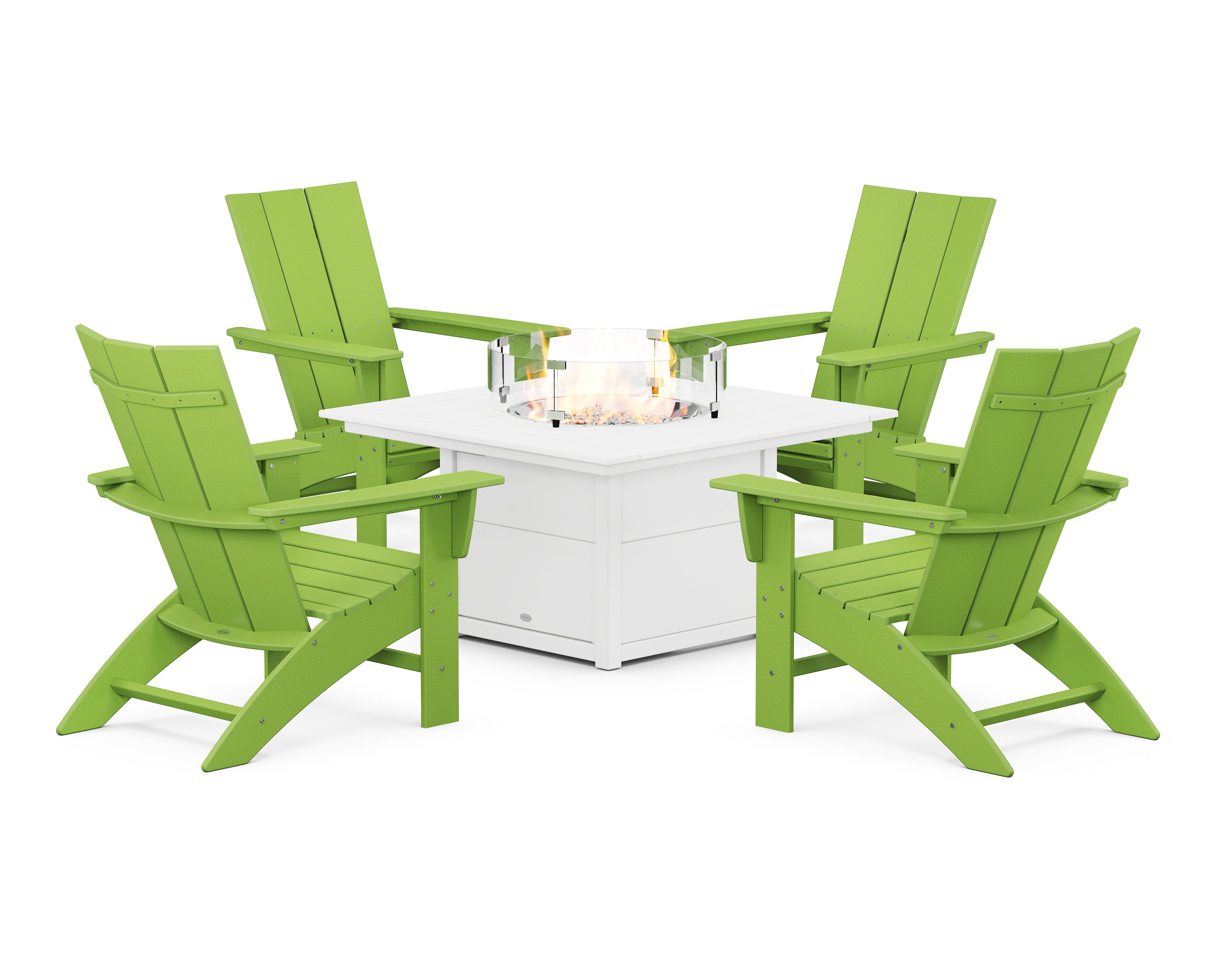 POLYWOOD® Modern Curveback Adirondack 5-Piece Conversation Set with Fire Pit Table in Lime / White