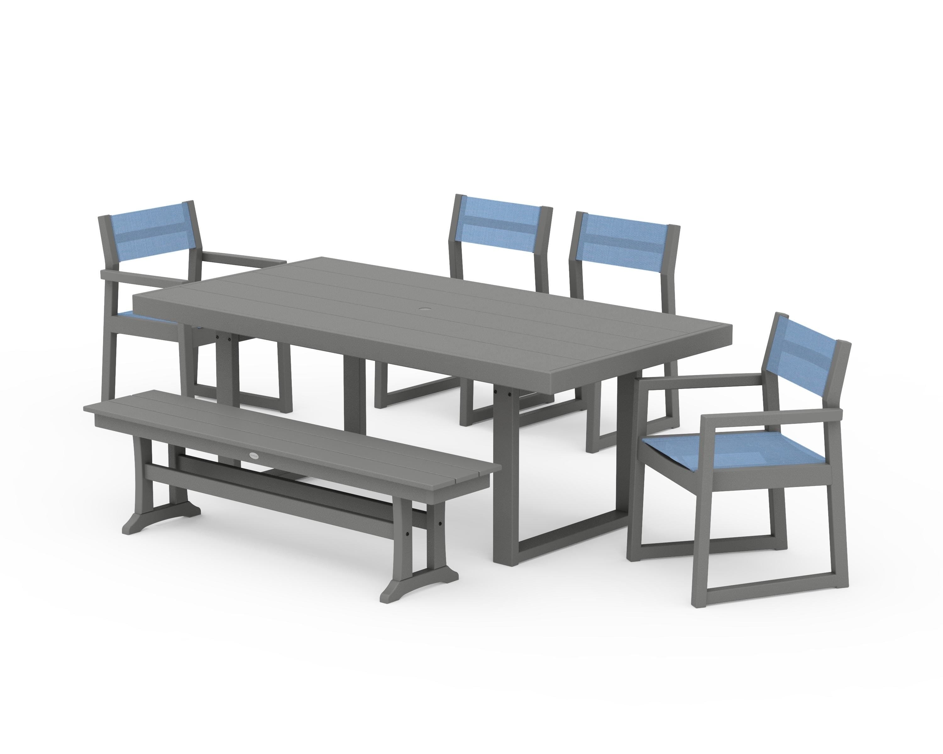 POLYWOOD EDGE Sling 6-Piece Dining Set with Bench in Slate Grey / Poolside Sling