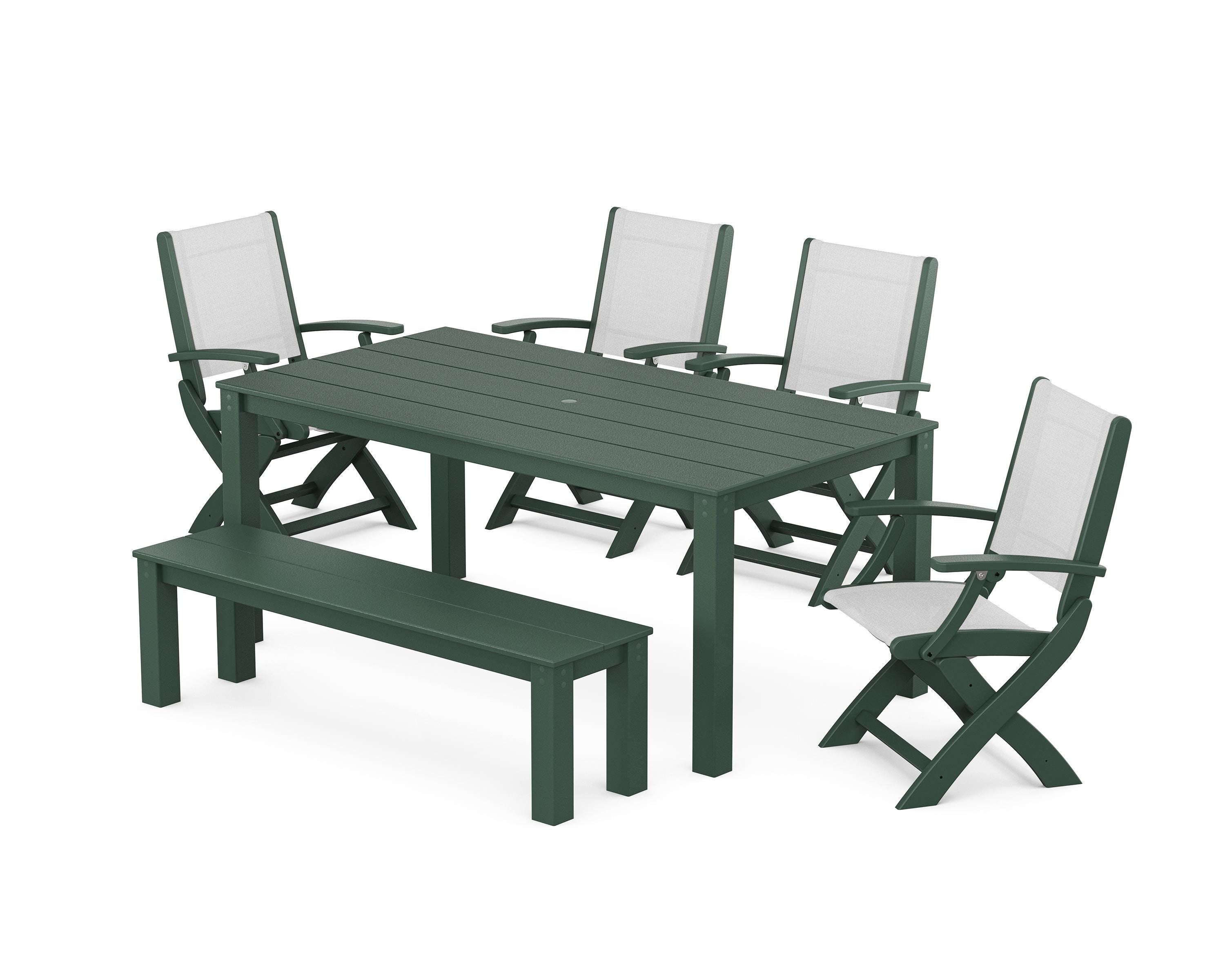 POLYWOOD Coastal Folding Chair 6-Piece Parsons Dining Set with Bench in Green / White Sling