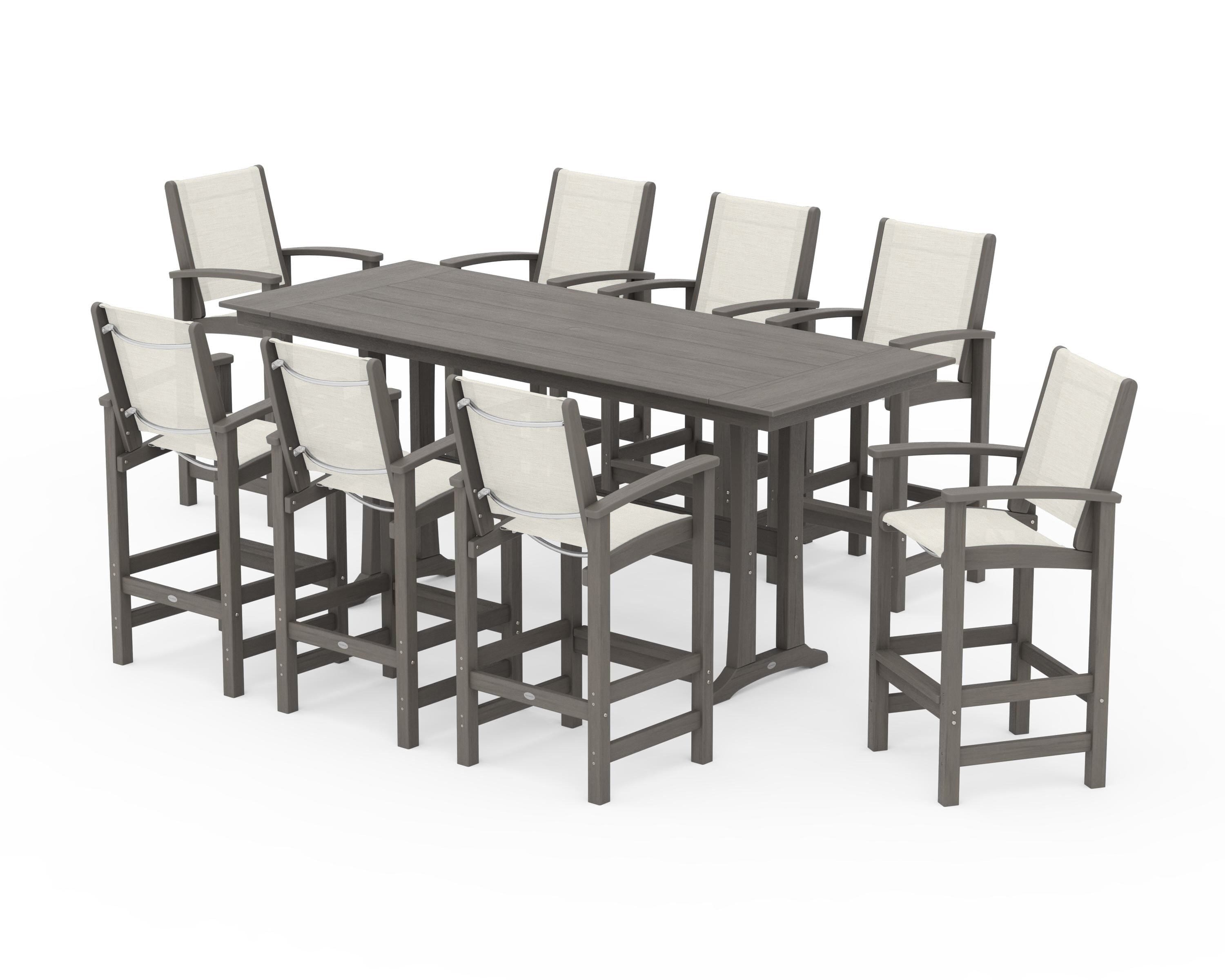 POLYWOOD Coastal 9-Piece Farmhouse Bar Set with Trestle Legs in Driftwood / Parchment Sling