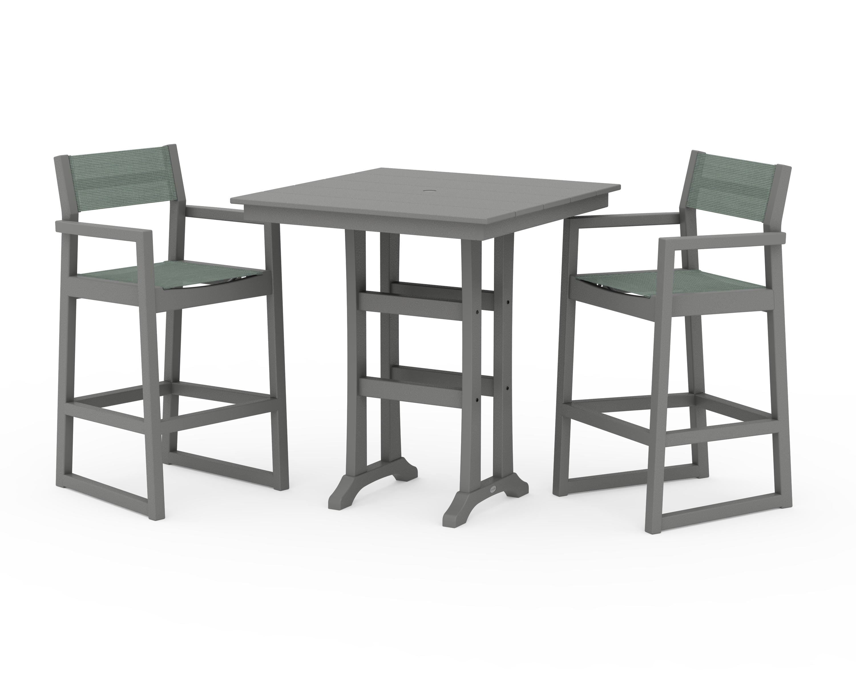POLYWOOD EDGE Sling Arm Chair 3-Piece Farmhouse Bar Set with Trestle Legs in Slate Grey / Dupioni Sea Mist Sling