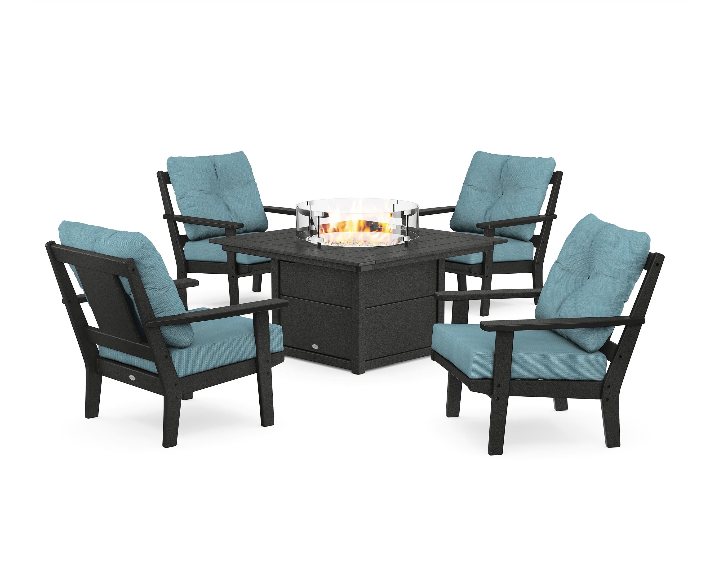 POLYWOOD Prairie 5-Piece Deep Seating Set with Fire Pit Table in Black / Lattice Sky Blue