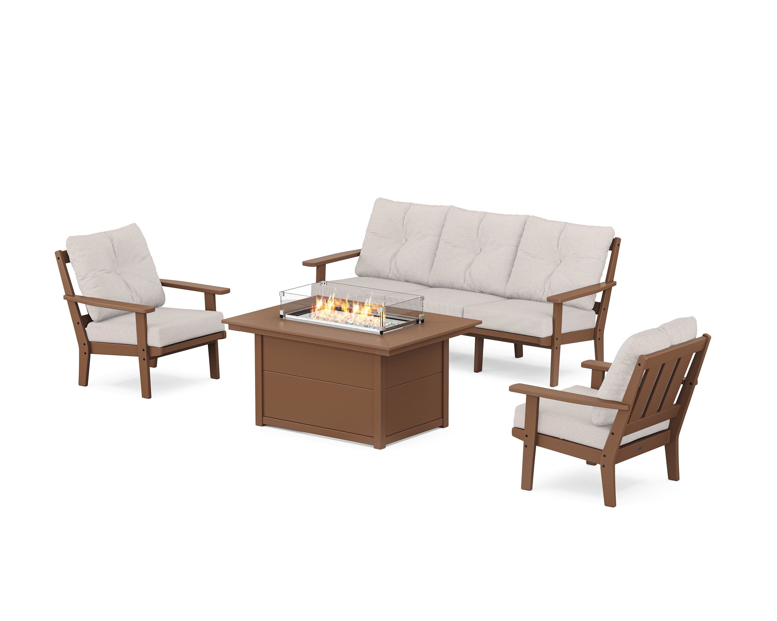 POLYWOOD Oxford Deep Seating Fire Pit Table Set in Teak / Dune Burlap