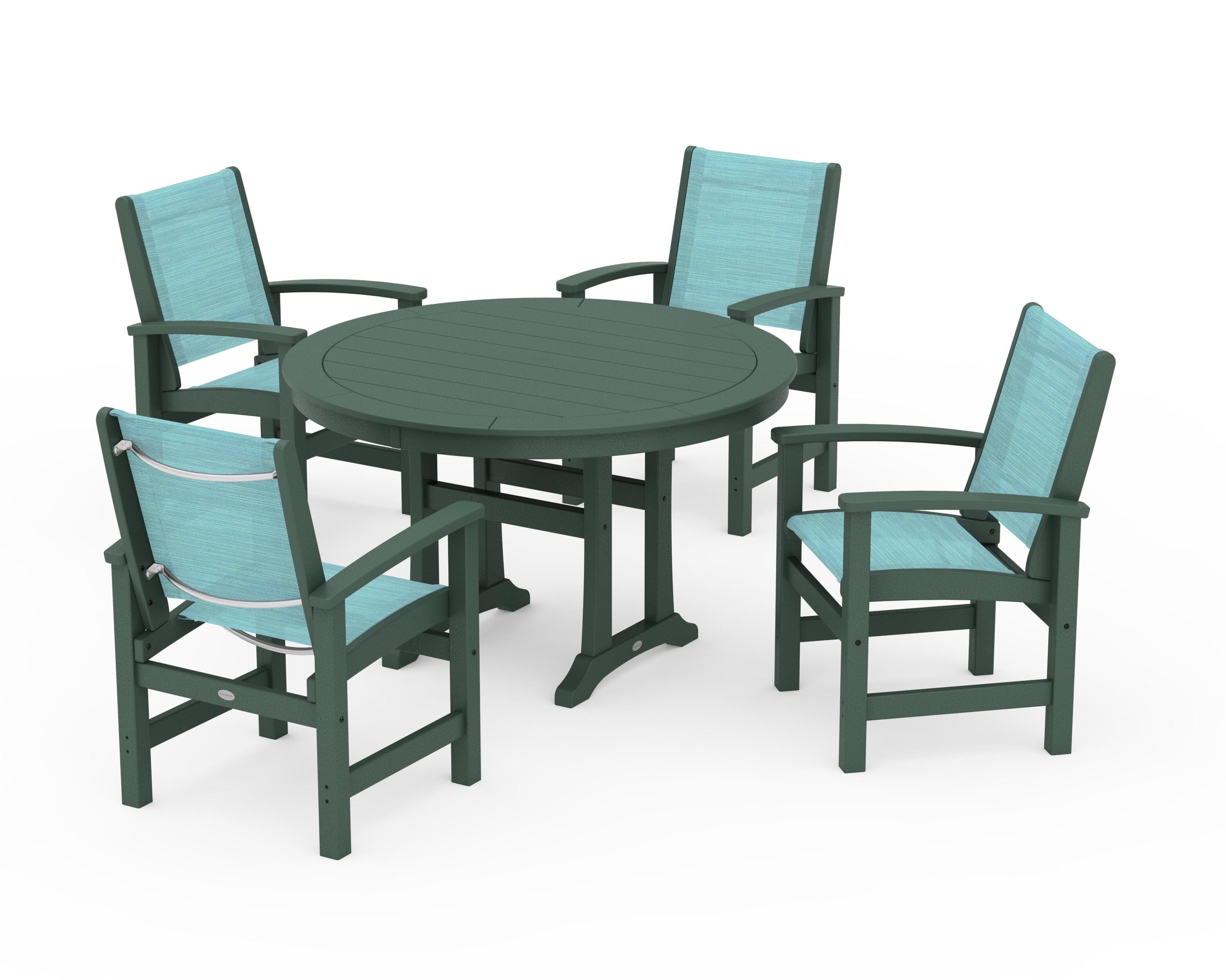 POLYWOOD Coastal 5-Piece Round Dining Set with Trestle Legs in Green / Dupioni Aquamarine Sling