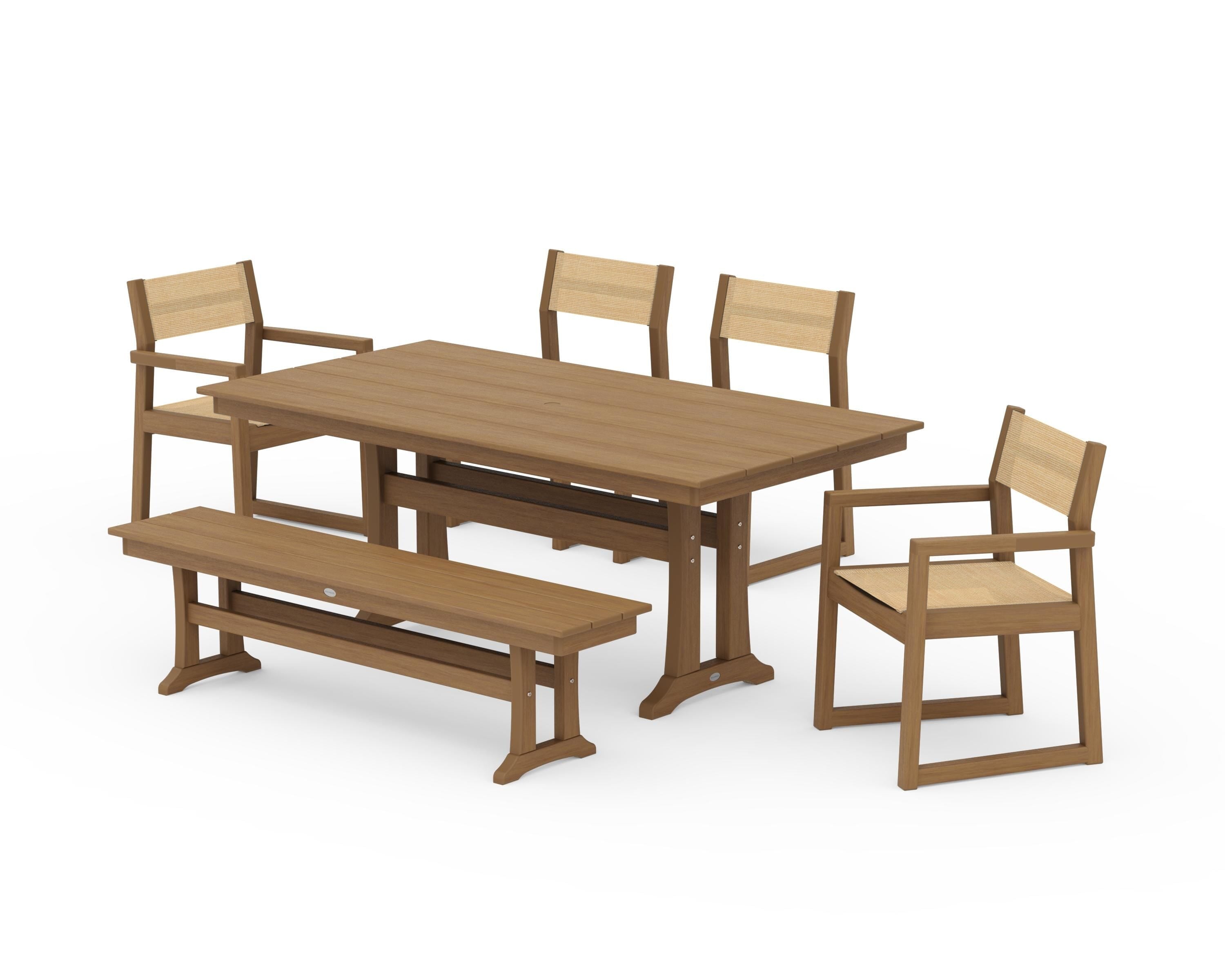 POLYWOOD EDGE Sling 6-Piece Farmhouse Dining Set With Trestle Legs in Natural / Dupioni Apricot Sling