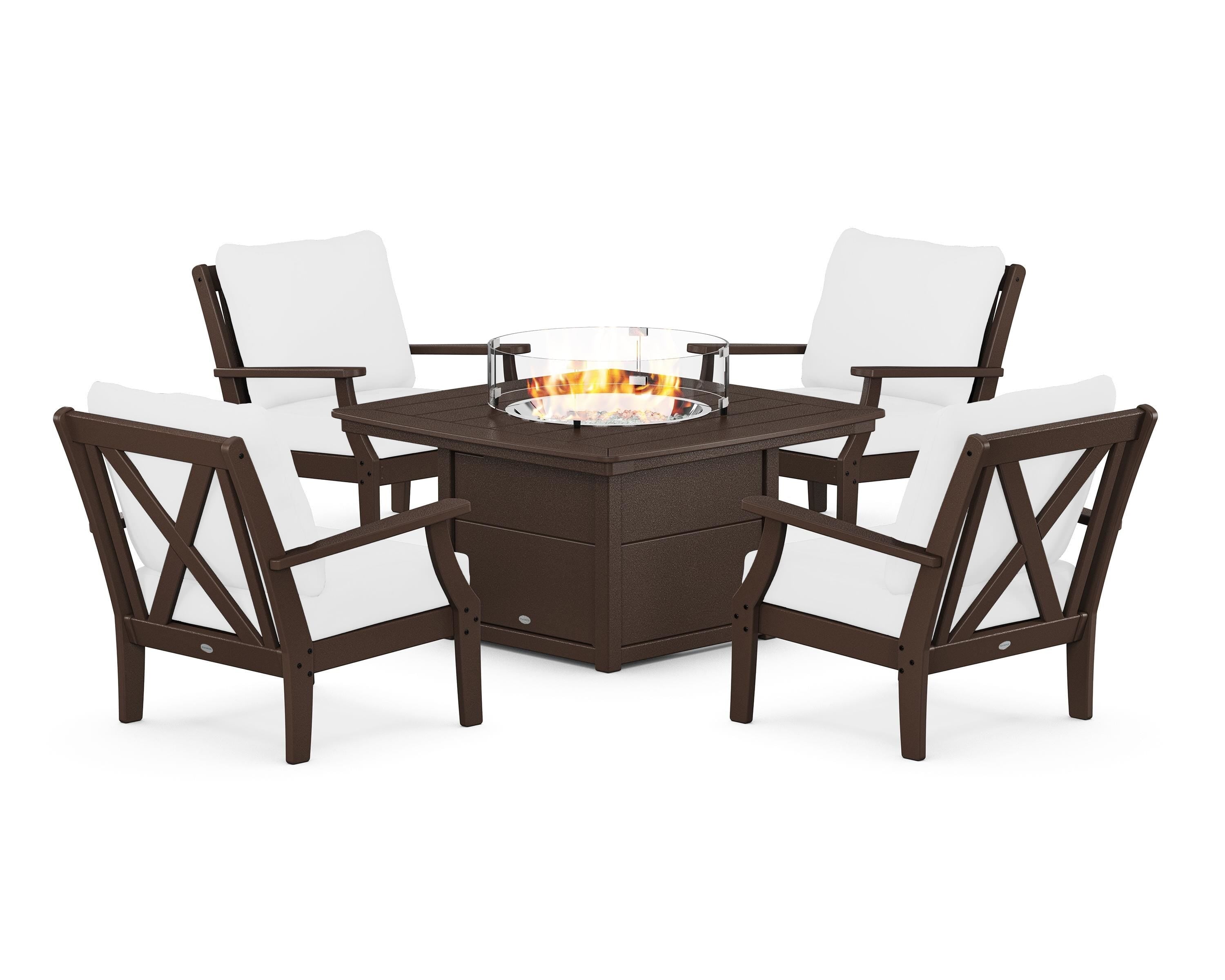 POLYWOOD Braxton 5-Piece Deep Seating Conversation Set with Fire Pit Table in Mahogany / Natural