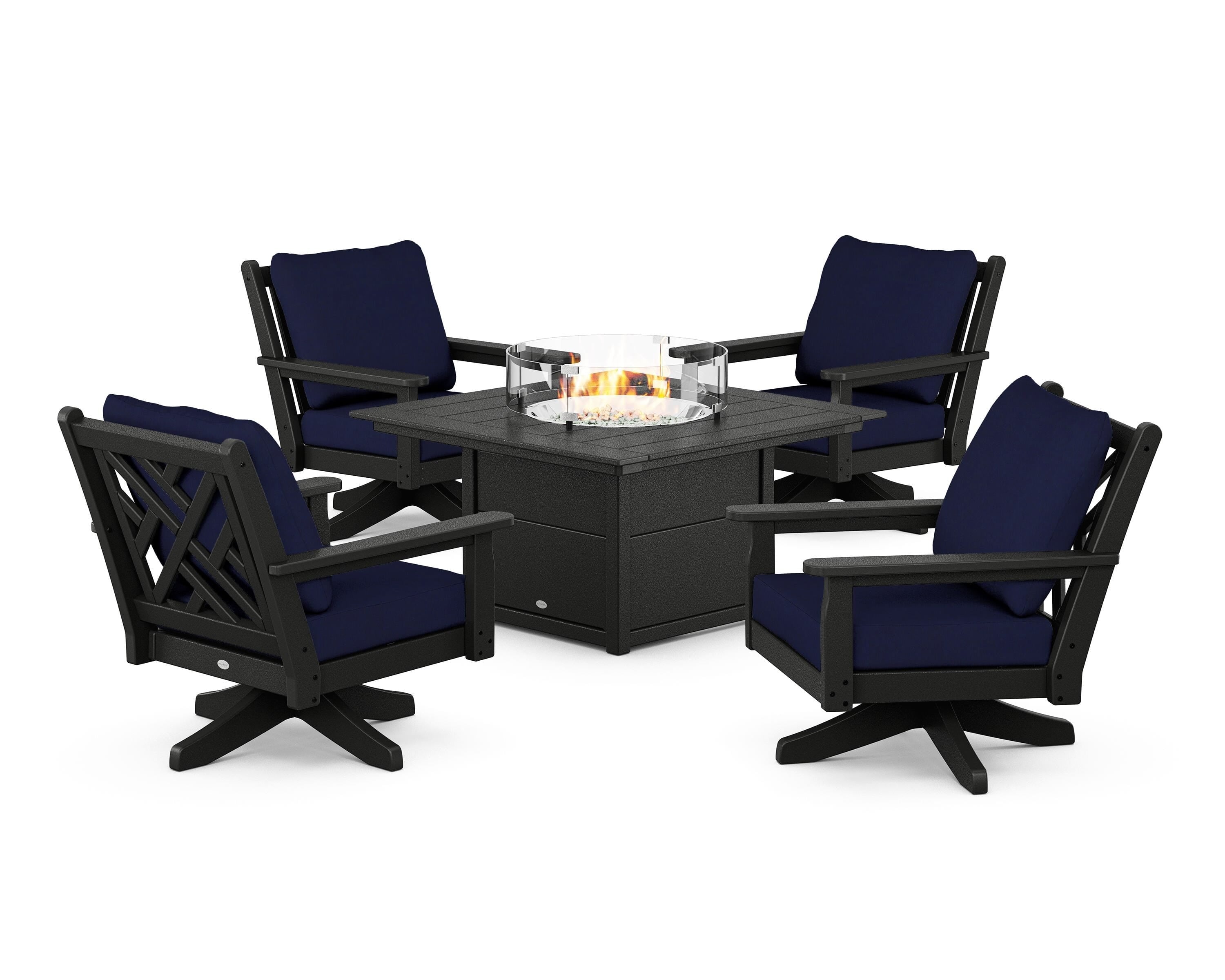 POLYWOOD Chippendale 5-Piece Deep Seating Swivel Conversation Set with Fire Pit Table in Black / Navy