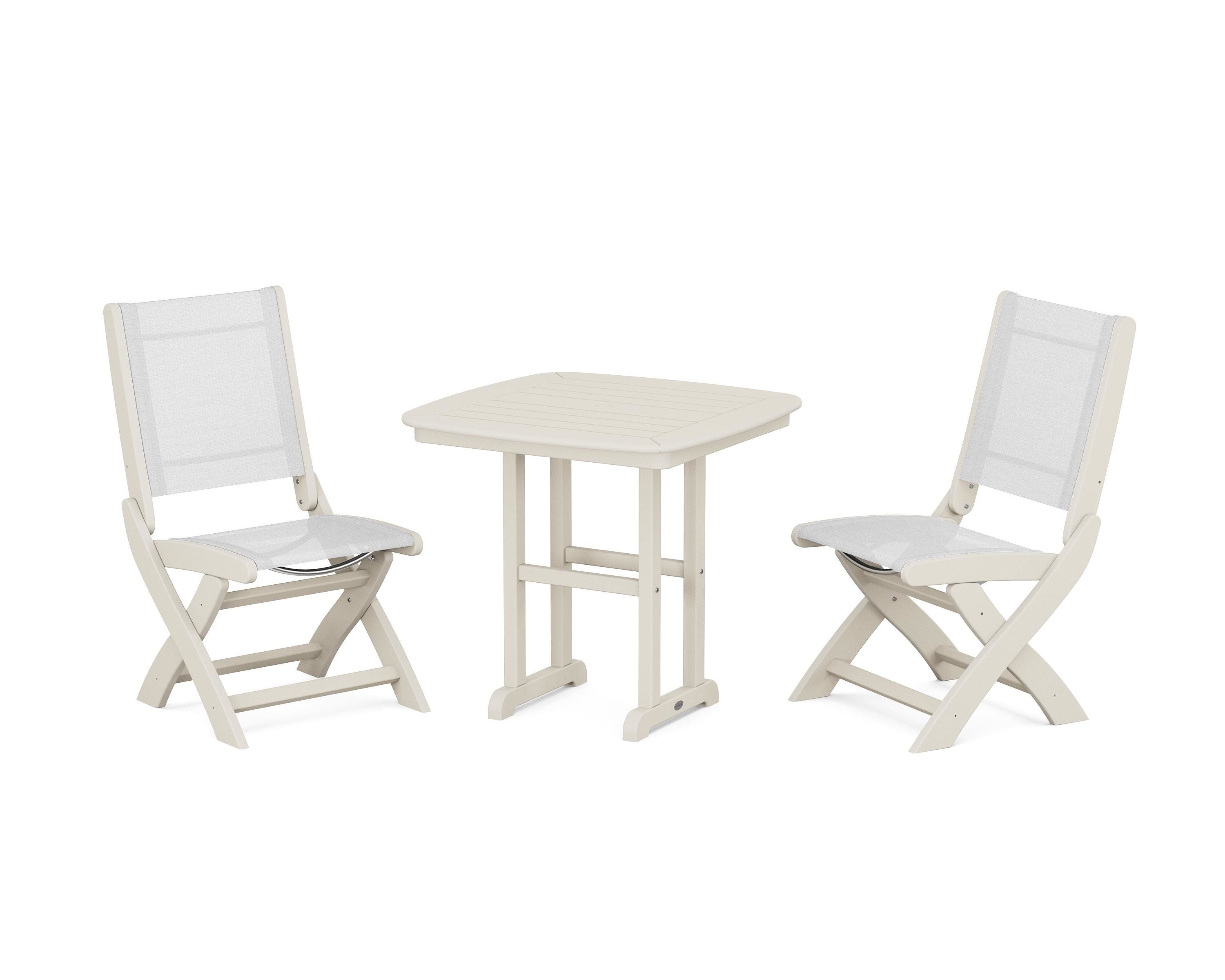 POLYWOOD Coastal Folding Side Chair 3-Piece Dining Set in Sand / White Sling