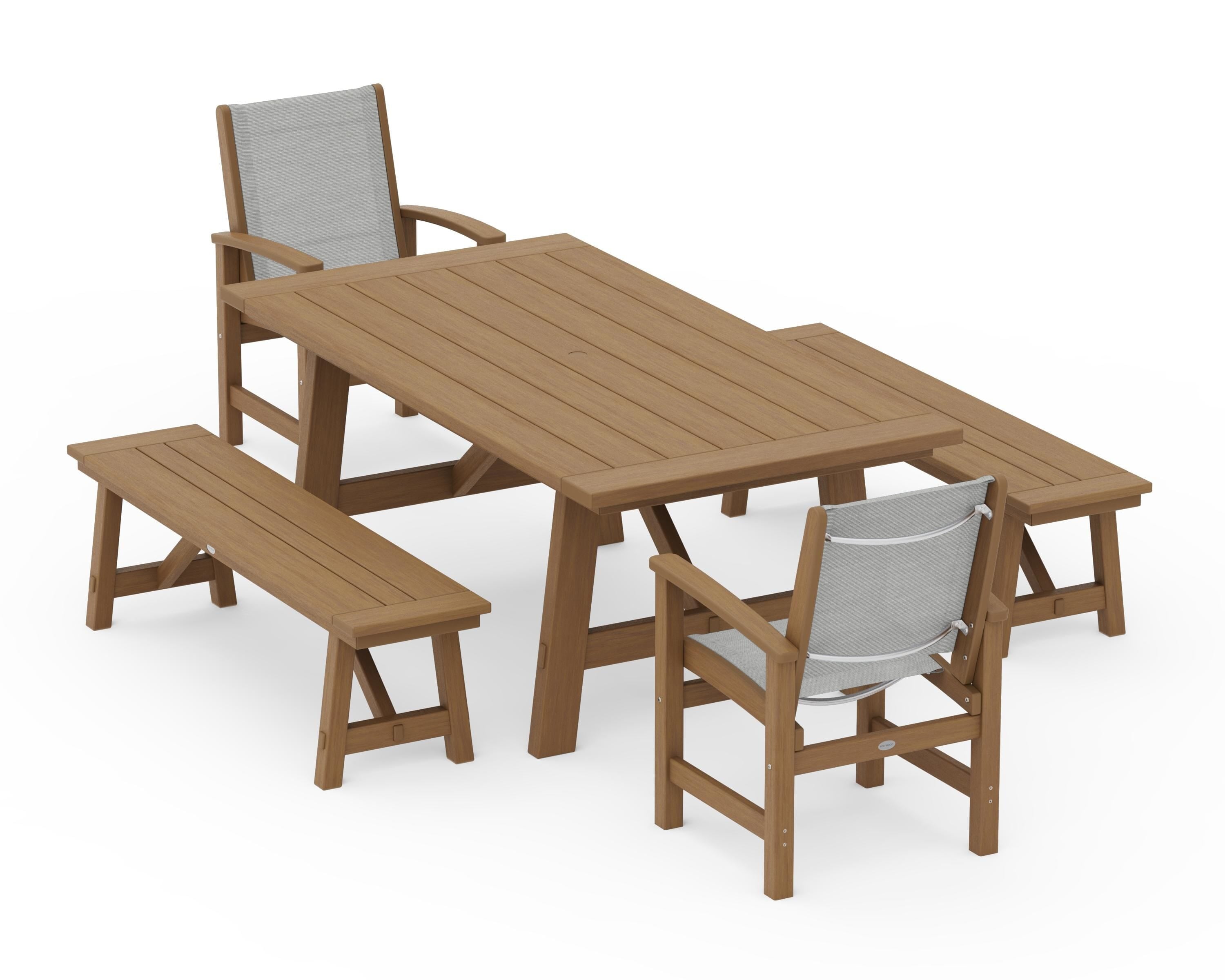 POLYWOOD Coastal 5-Piece Rustic Farmhouse Dining Set With Benches in Natural / Metallic Sling