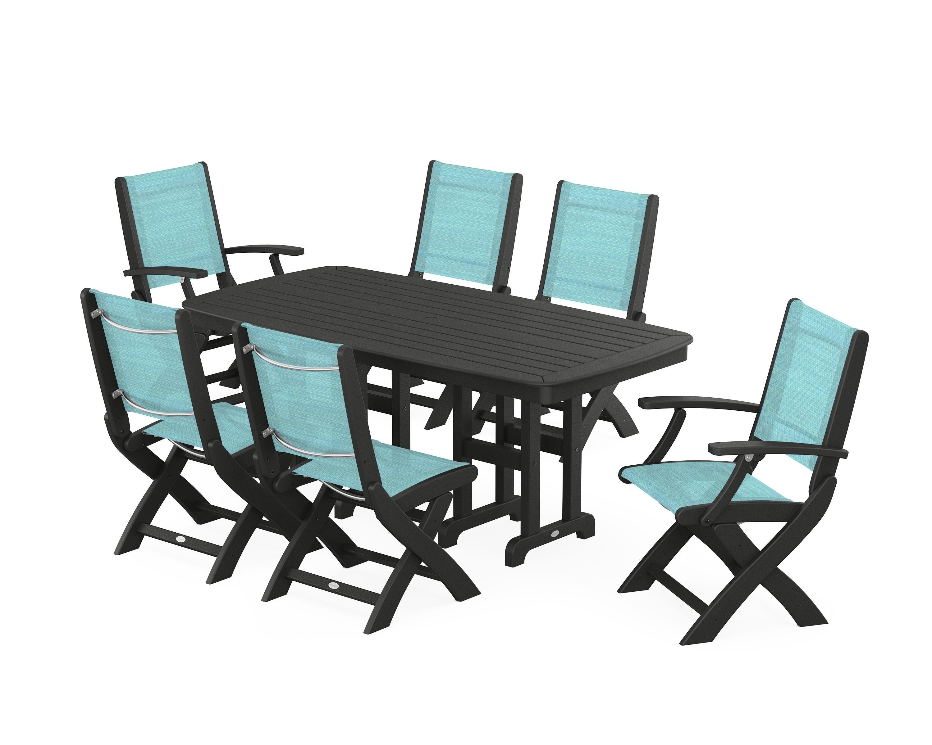 POLYWOOD Coastal Folding Chair 7-Piece Dining Set in Black / Dupioni Aquamarine Sling