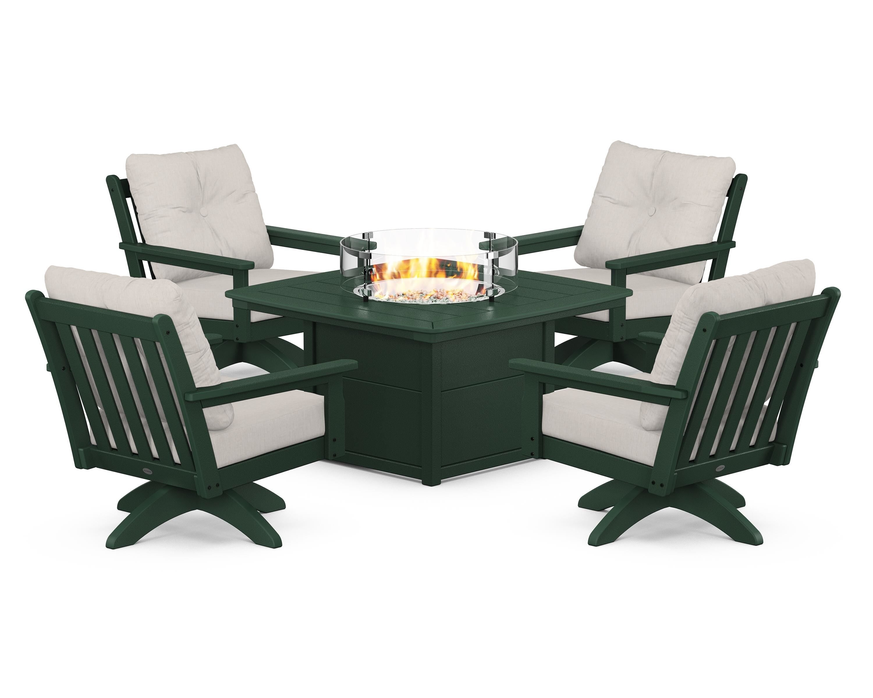 POLYWOOD Vineyard 5-Piece Deep Seating Swivel Conversation Set with Fire Pit Table in Green / Cast Ash