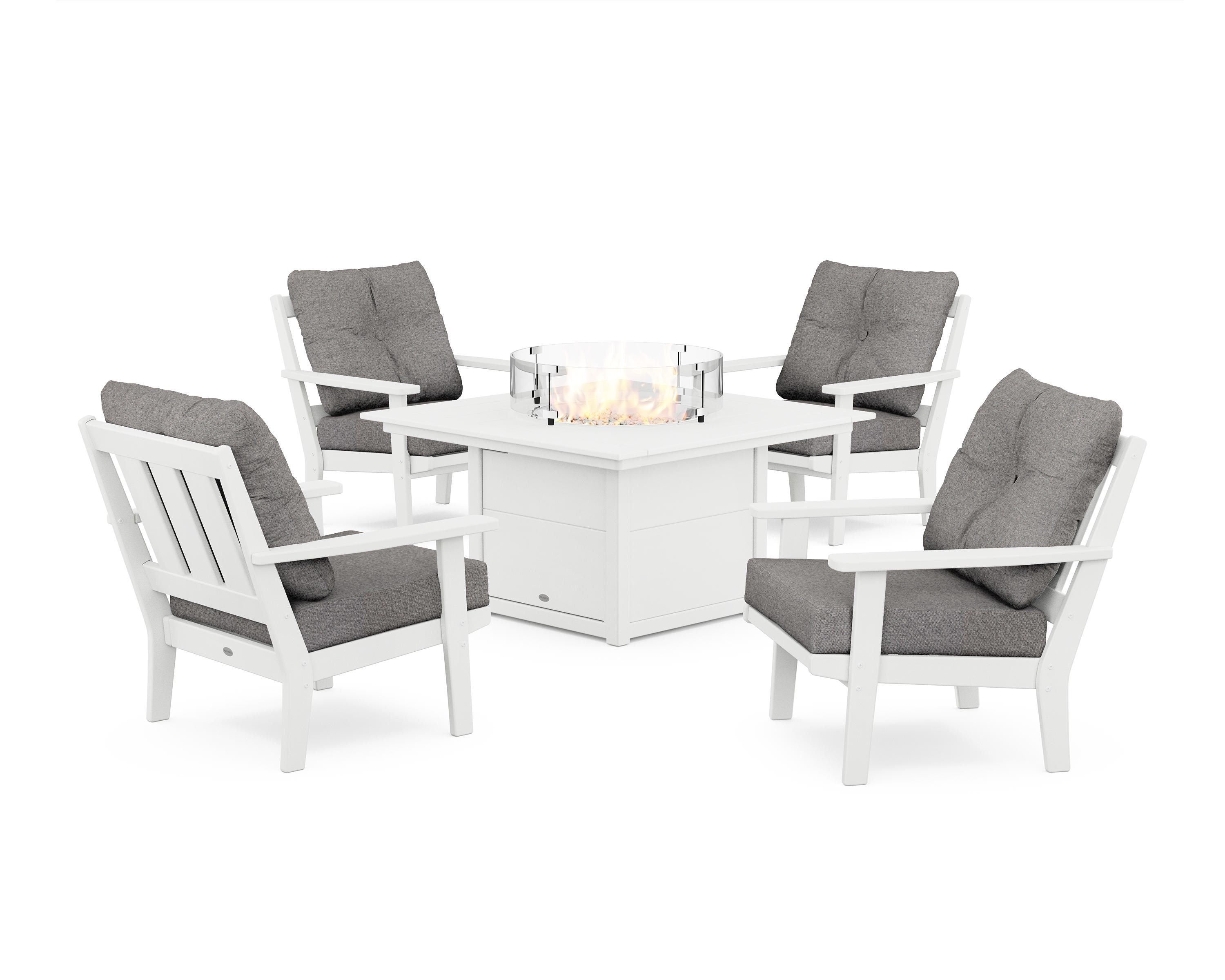 POLYWOOD Oxford 5-Piece Deep Seating Set with Fire Pit Table in White / Grey Mist