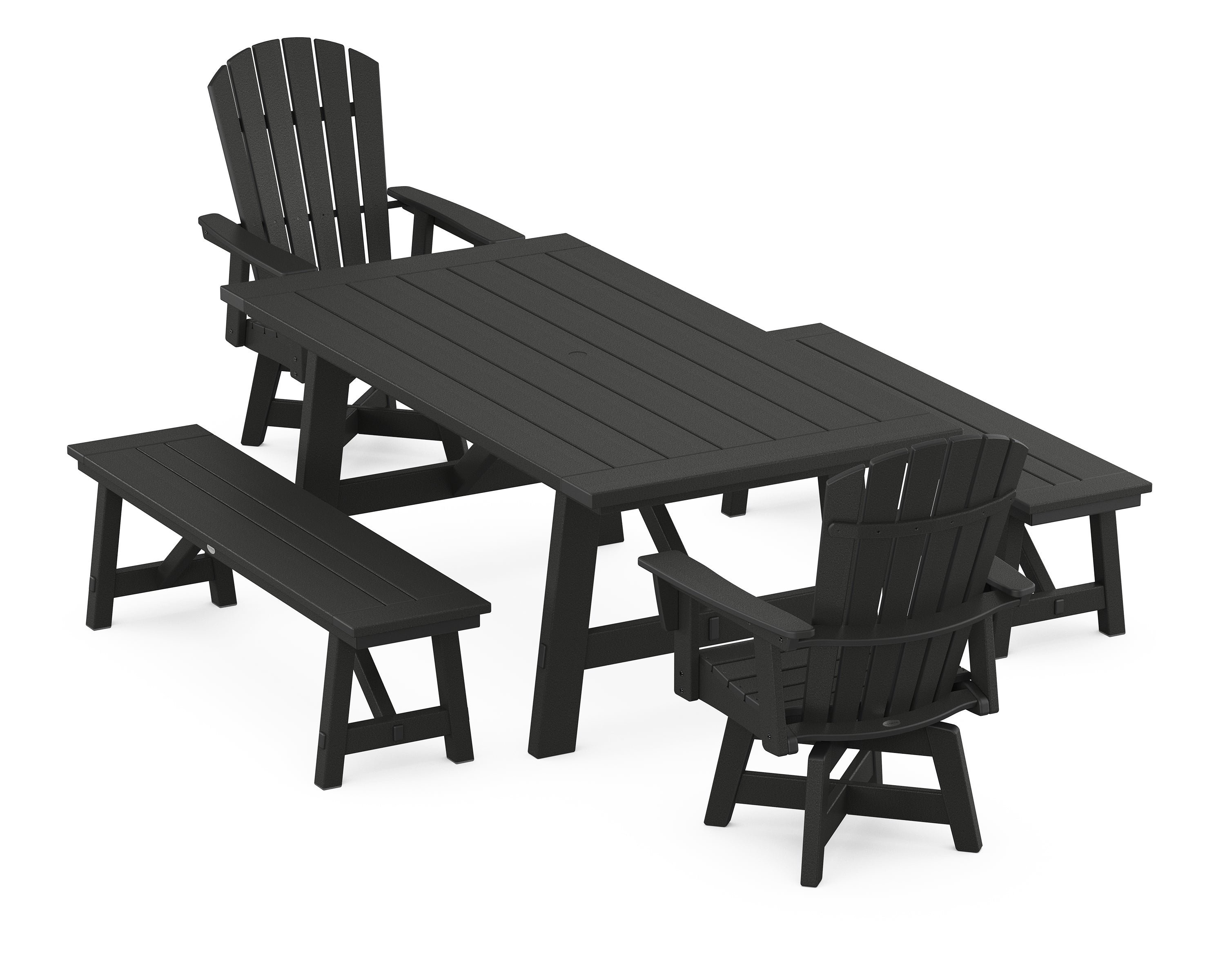 POLYWOOD® Nautical Curveback Adirondack Swivel Chair 5-Piece Rustic Farmhouse Dining Set With Benches in Black