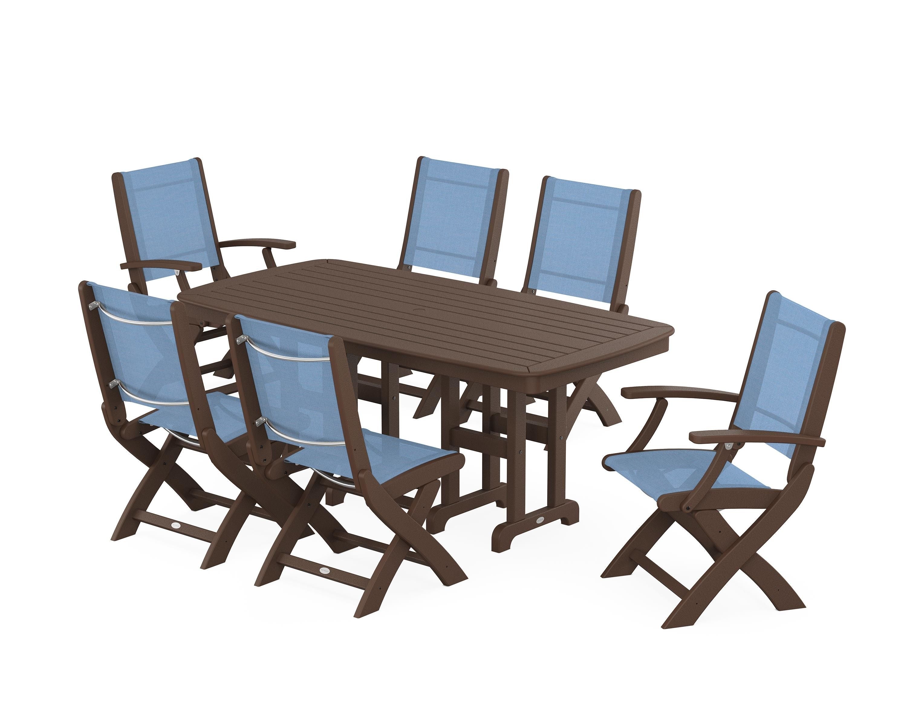 POLYWOOD Coastal Folding Chair 7-Piece Dining Set in Mahogany / Poolside Sling