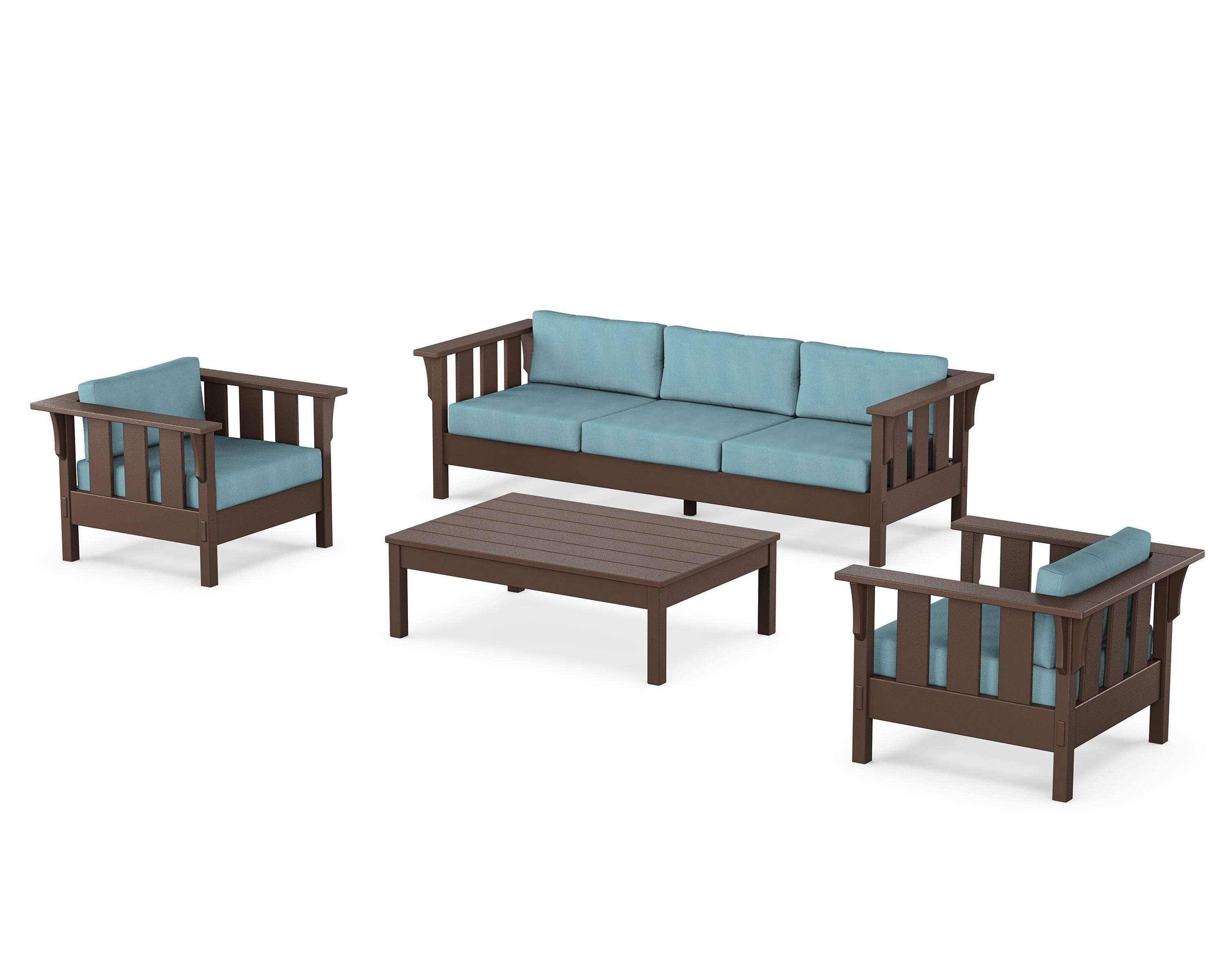 Martha Stewart by POLYWOOD Acadia 4-Piece Deep Seating Set with Sofa in Mahogany / Lattice Sky Blue