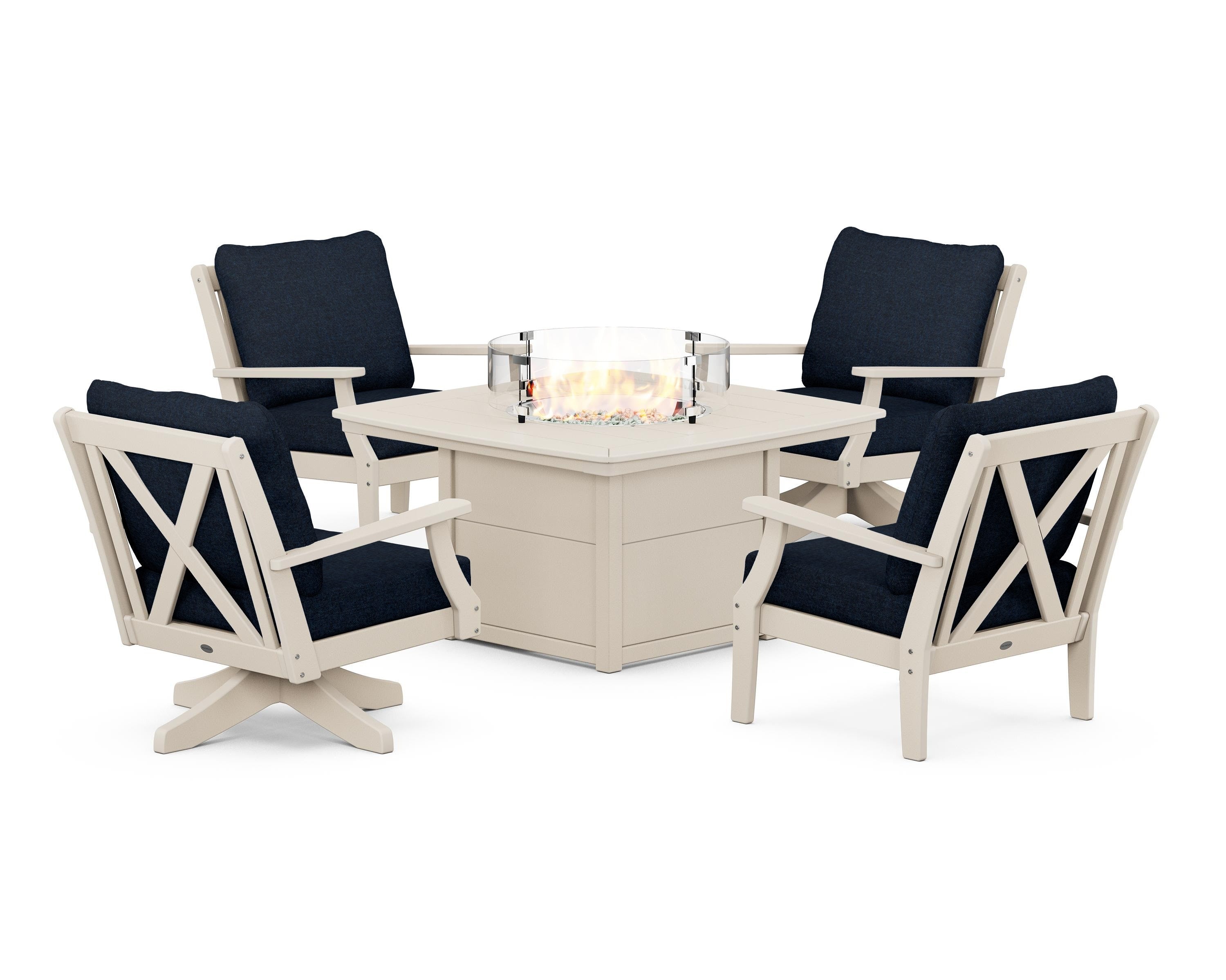 POLYWOOD Braxton 5-Piece Deep Seating Set with Fire Table in Sand / Marine Indigo