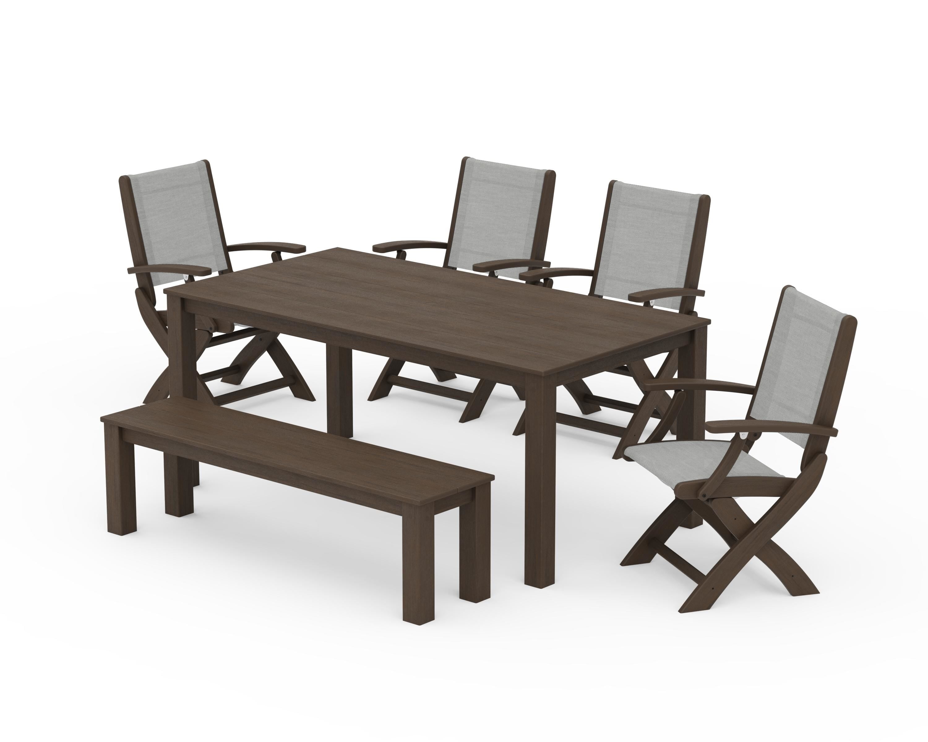 POLYWOOD Coastal Folding Chair 6-Piece Parsons Dining Set with Bench in Kona / Metallic Sling