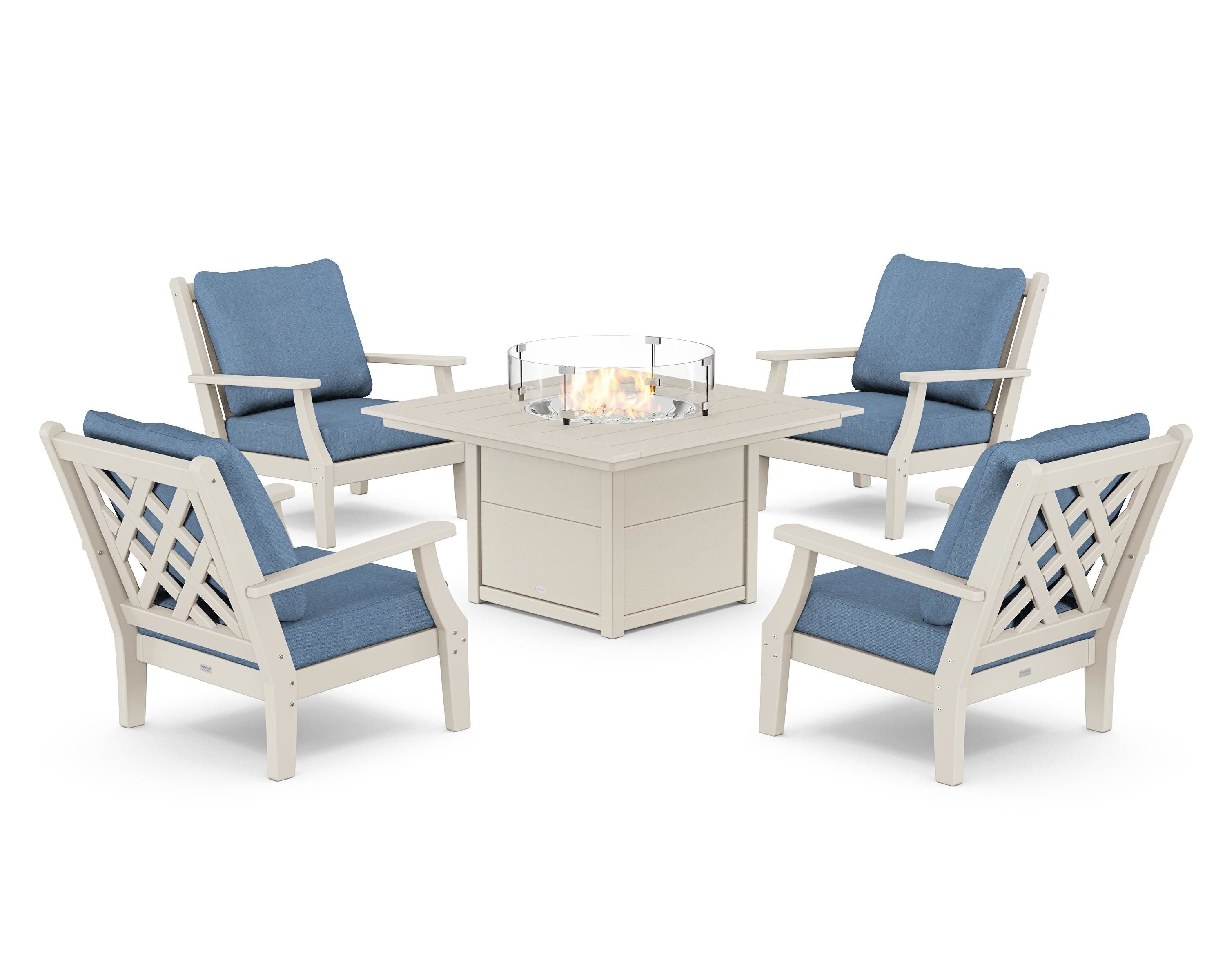 Country Living Wovendale 5-Piece Deep Seating Set with Fire Pit Table in Sand / Sky Blue