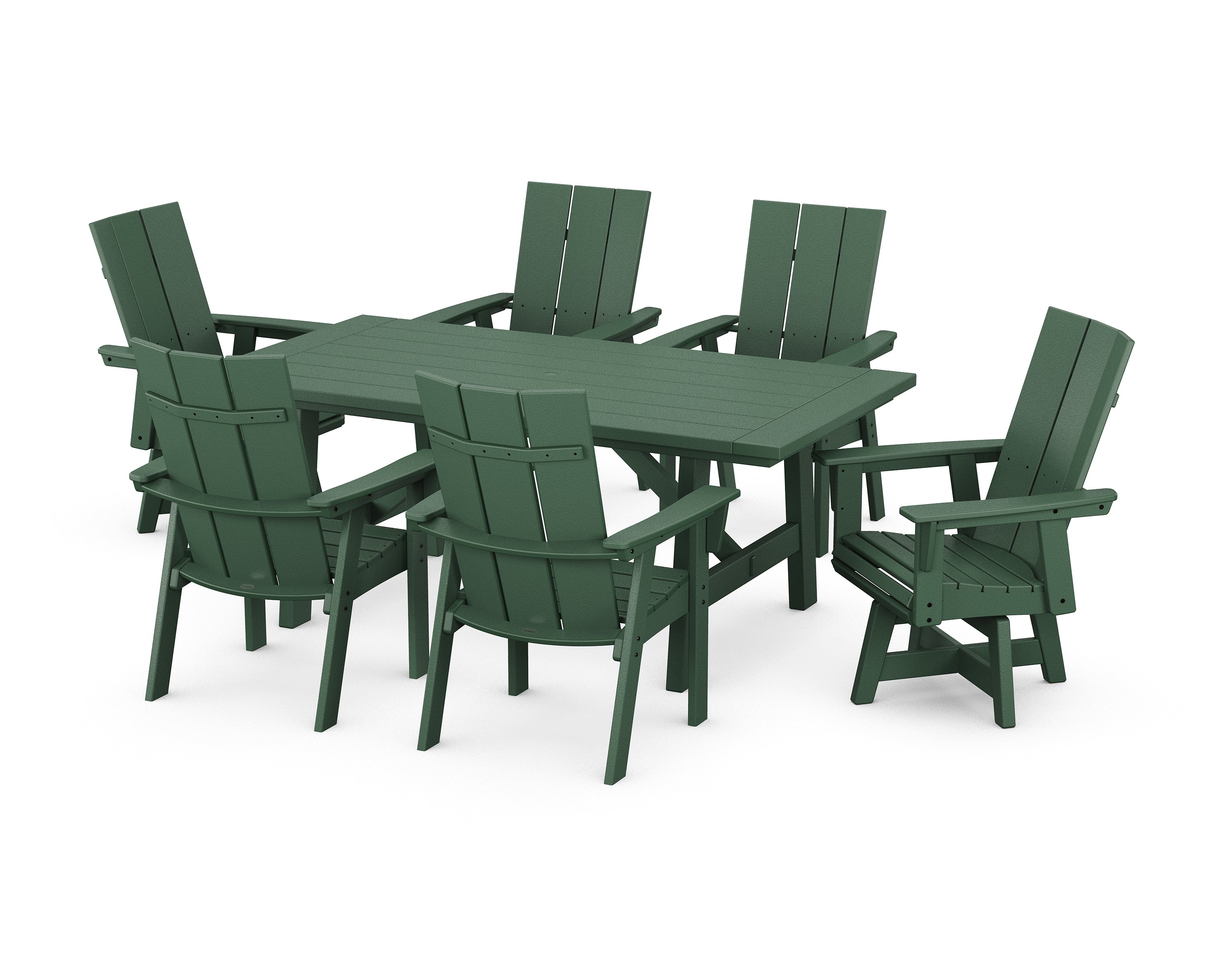 POLYWOOD® Modern Curveback Adirondack 7-Piece Rustic Farmhouse Swivel Dining Set in Green